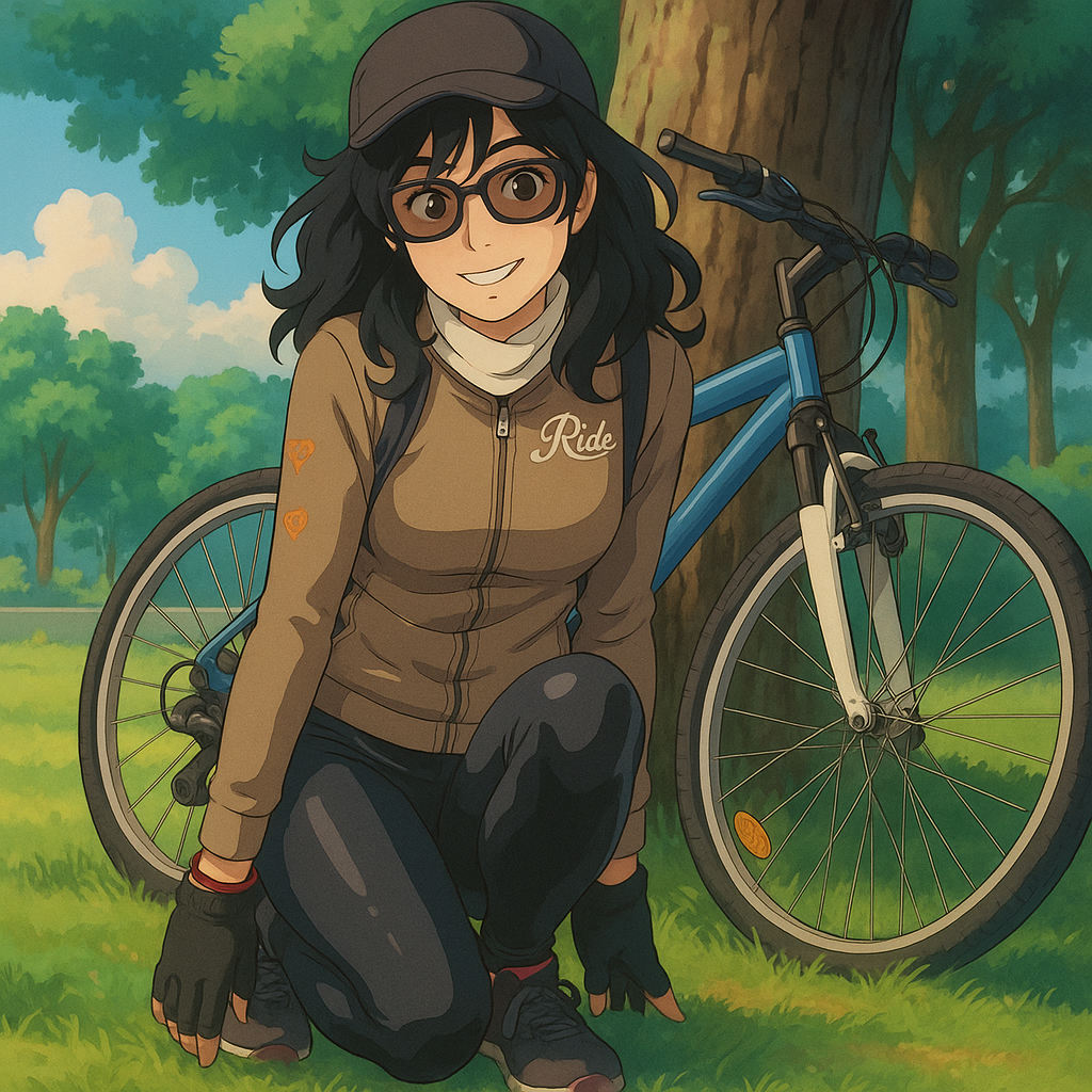 Pourriez-vous, je vous prie, transformer cette image en style Ghibli ? 
On respectera: 
- La tenue vestimentaire de cette femme au détail près: la même casquette, la même veste moulante de sport, les mêmes lunettes de vue, le même foulard, les mêmes baskets et le même leggins de sport noir moulant en lycra (avec effet brillant). 
- Les détails physiques: même coupe de cheveux mi-longue, ondulée et BRUNE et les mêmes yeux NOISETTE clairs. 
On respectera fidèlement la position corporelle ainsi que l'effet moulant du leggins. 
D'avance, merci beaucoup.