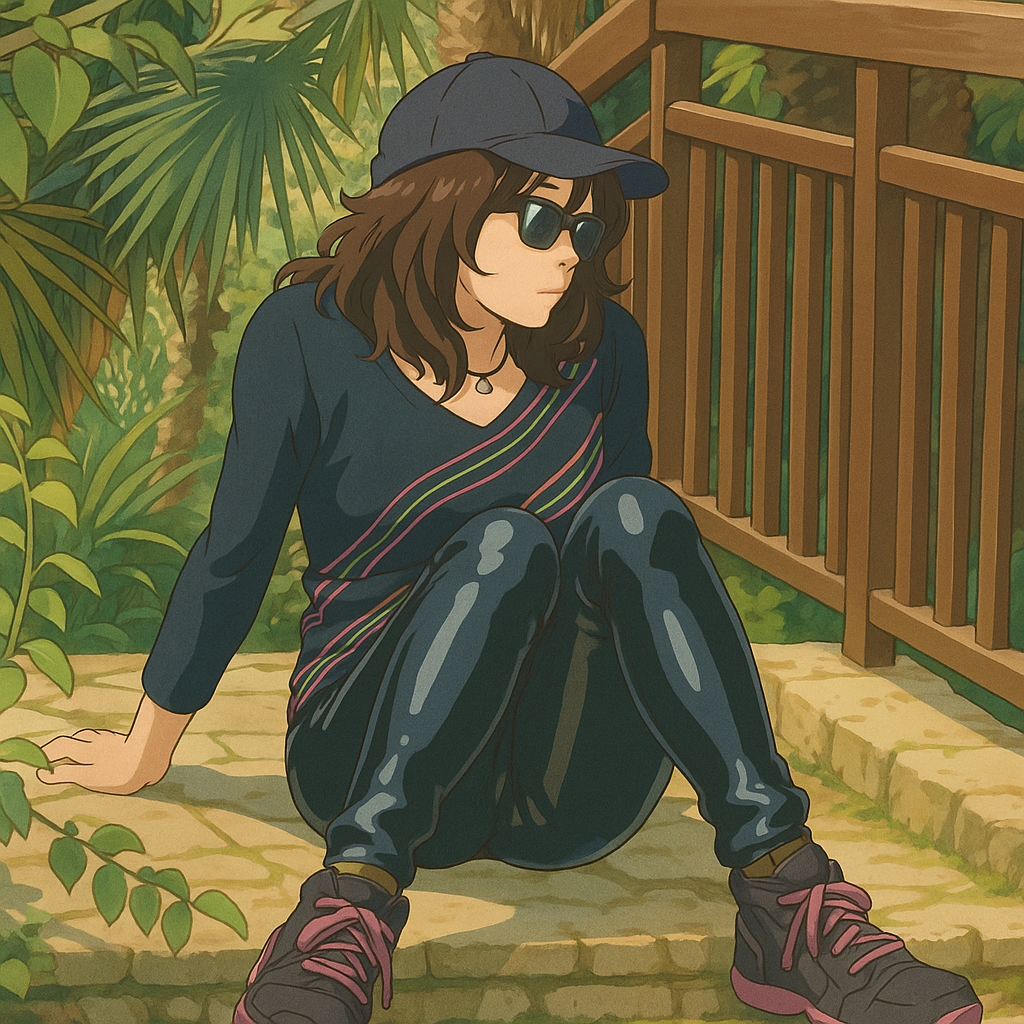 Pourriez-vous, je vous prie, transformer cette image en style Ghibli ? 
On respectera: 
- La tenue vestimentaire de cette femme au détail près: la même casquette, les mêmes lunettes de soleil, le même haut rayé à manches longues, et le même pantalon ultra moulant noir en sky (avec effet brillant). 
- Les détails physiques: même coupe de cheveux longue, ondulée et brune. 
On respectera fidèlement aussi la position corporelle ainsi que l'effet ultra moulant du pantalon en sky.
D'avance, merci beaucoup.