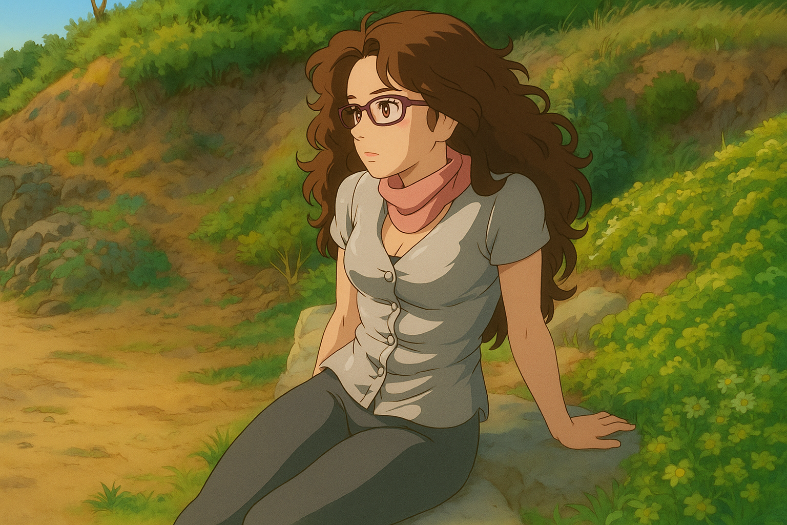 Pourriez-vous, je vous prie, transformer cette image en style Ghbli ?
On respectera:
- La tenue vestimentaire de cette femme au détail près:
Le même gilet gris clair en satin, les mêmes lunettes de vue et le même leggins moulant gris foncé.
On insistera sur le fait de bien restituer l'effet moulant du leggins.
- Les détails physiques:
-> même coupe de cheveux longue, ondulée et châtain, et les mêmes yeux NOISETTE clairs.
On respectera aussi la position corporelle.
D'avance, merci beaucoup.