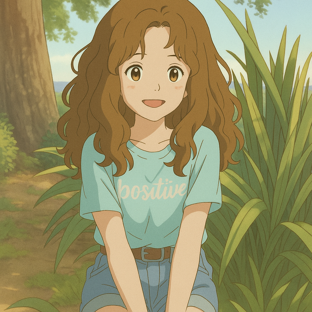 Pourriez-vous, je vous prie, transformer cette image en style Ghibli ? On respectera la couleur des yeux qui est NOISETTE clairs s'il vous plait.