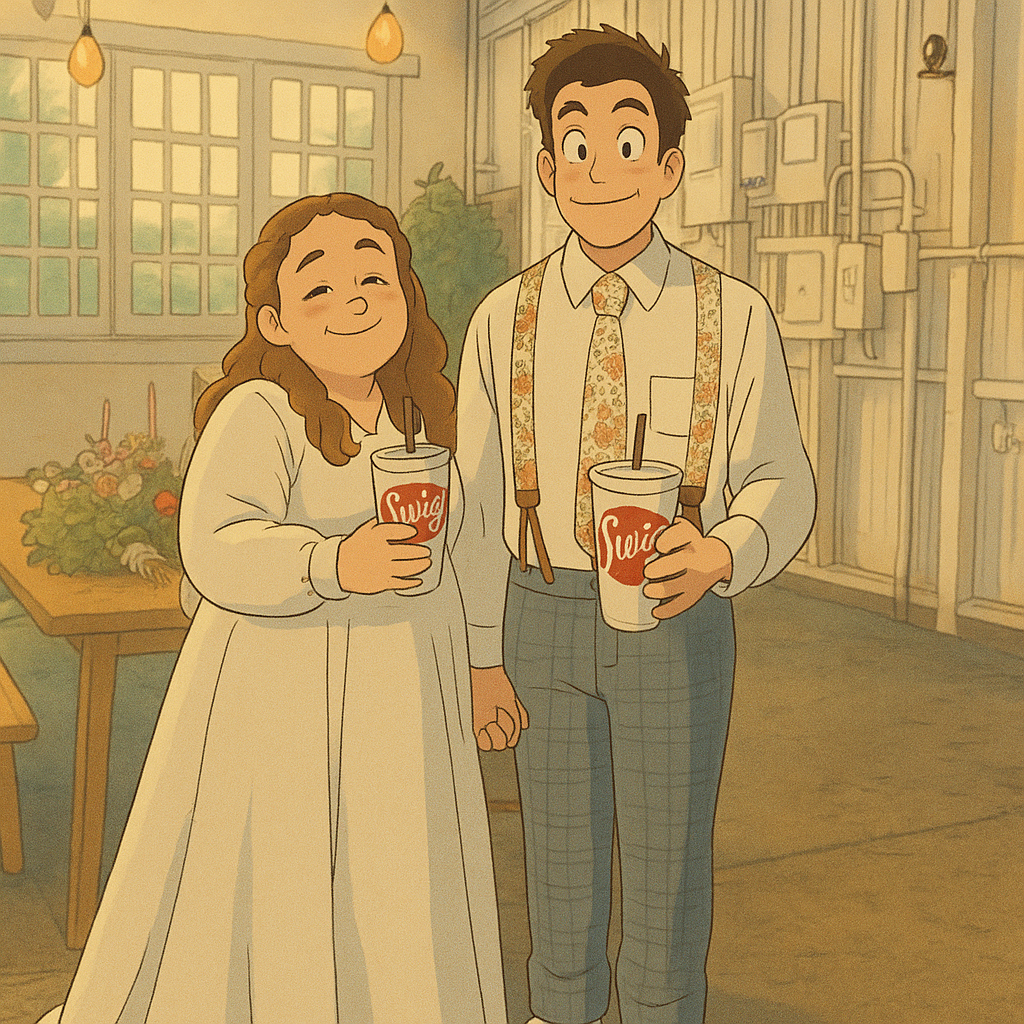 Turn this image into Studio Ghibli style. The cups we are holding say “Swig”