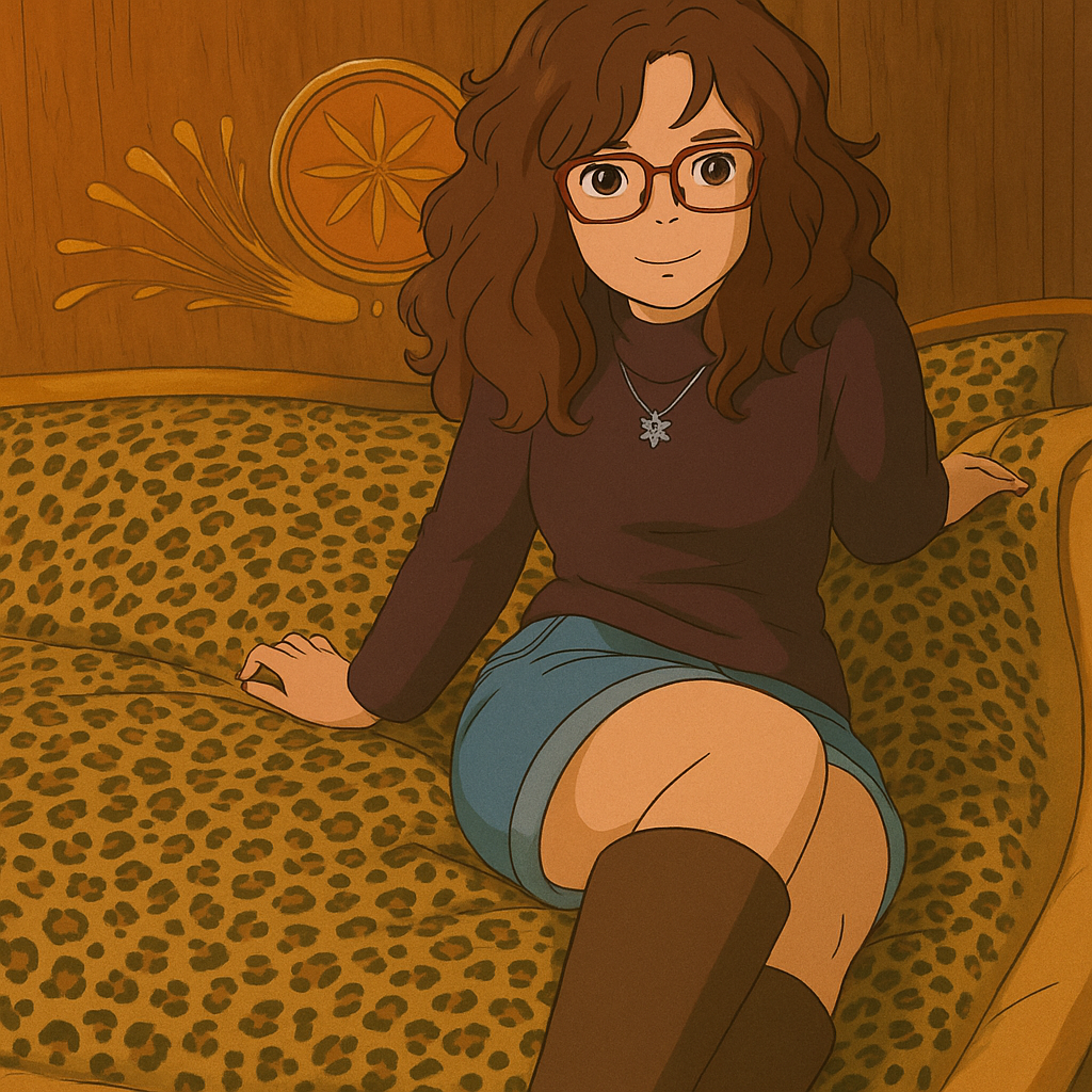 Pourriez-vous, je vous prie, transformer cette image en style Ghibli ? 
Prière de respecter la couleur des yeux de cette fille qui sont Noisette clairs. Et prière de transformer les lunettes de soleil en lunettes de vue, s'il vous plaît. 
 D'avance, merci beaucoup.