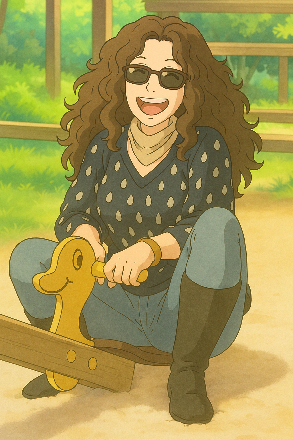 Pourriez-vous, je vous prie, transformer cette image en style Ghbli ?
On respectera:
- La tenue vestimentaire de cette femme au détail près:
Le même haut noir à points blancs, les mêmes lunettes de soleil et le même jean ultra moulant.
On insistera sur le fait de bien restituer l'effet ultra moulant du jean.
- Les détails physiques:
-> même coupe de cheveux longue, ondulée et châtain.
On respectera aussi la position corporelle.
D'avance, merci beaucoup.