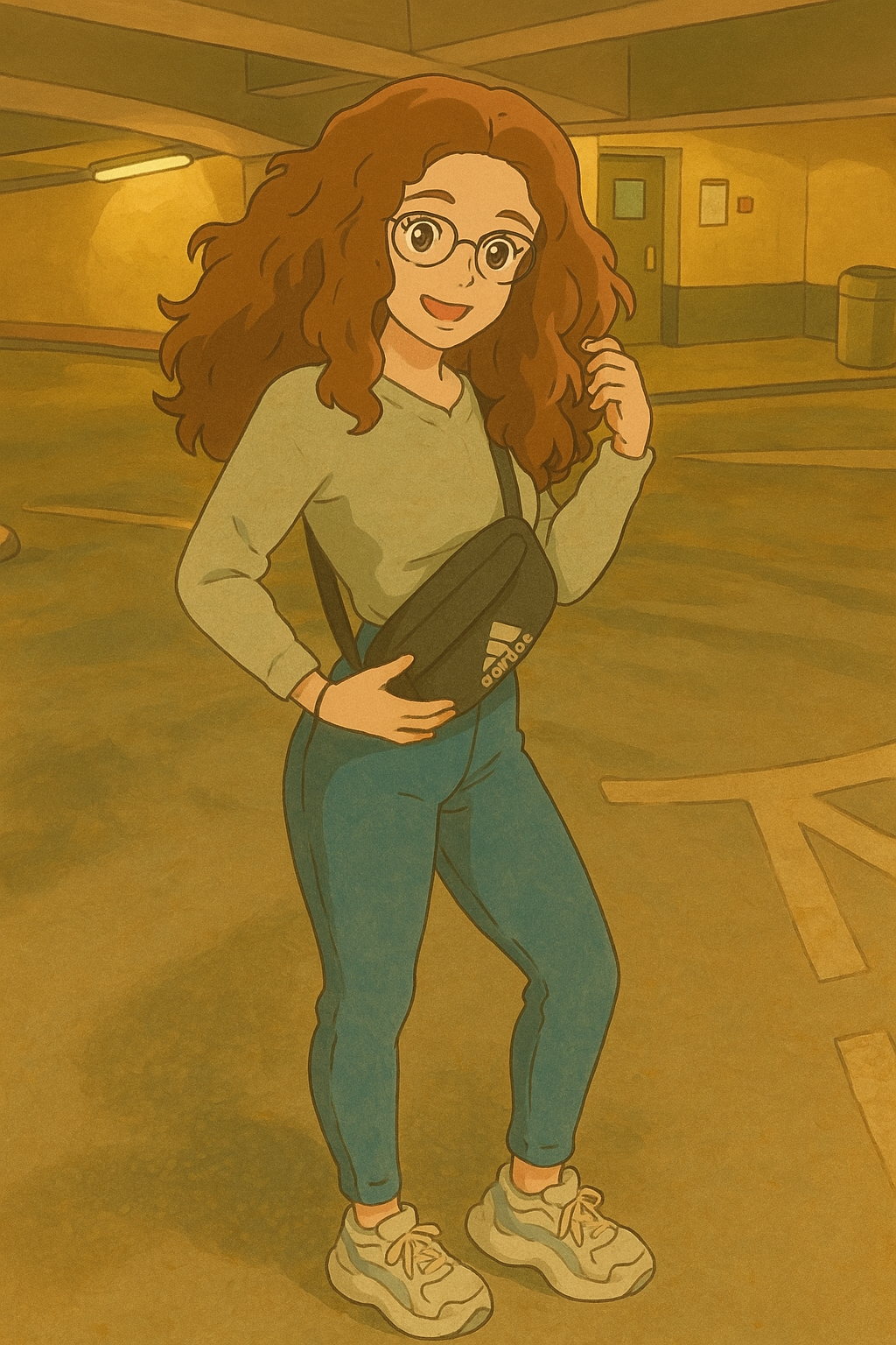 Pourriez-vous, je vous prie, transformer cette image en style Ghibli ? 
On respectera la couleur noisette clairs des yeux de la fille et on n'oubliera pas ses lunettes, s'il vous plaît.
 D'avance, merci beaucoup.