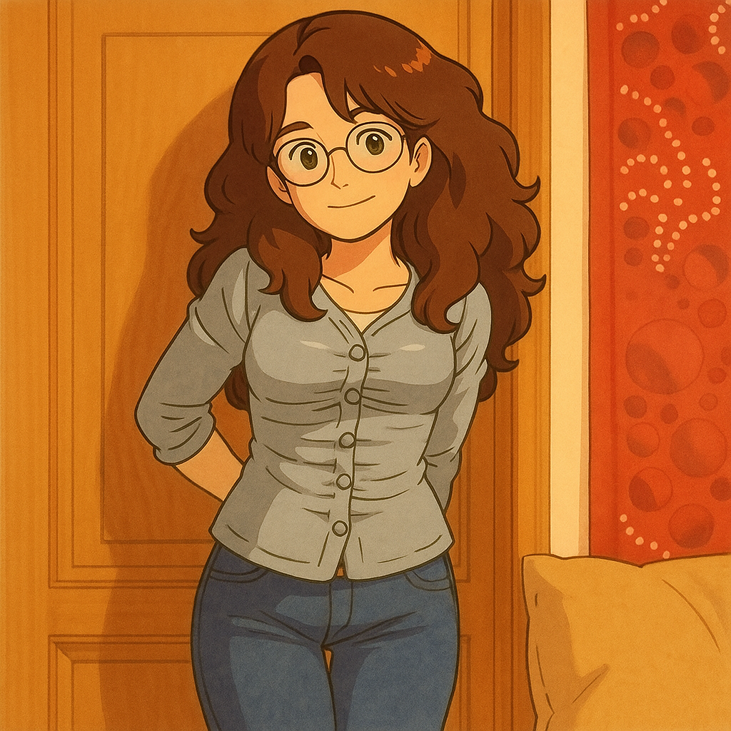 Pourriez-vous, je vous prie, transformer cette image en style Ghbli ?
On respectera:
- La tenue vestimentaire de cette femme au détail près:
Le même gilet gris clair en satin (effet brillant), porté sur un t-shirt blanc à manches longues, les mêmes lunettes de vue et le même jean moulant.
- Les détails physiques:
-> même coupe de cheveux longue, ondulée et châtain, et les mêmes yeux NOISETTE clairs.
On respectera aussi la position corporelle.
D'avance, merci beaucoup.