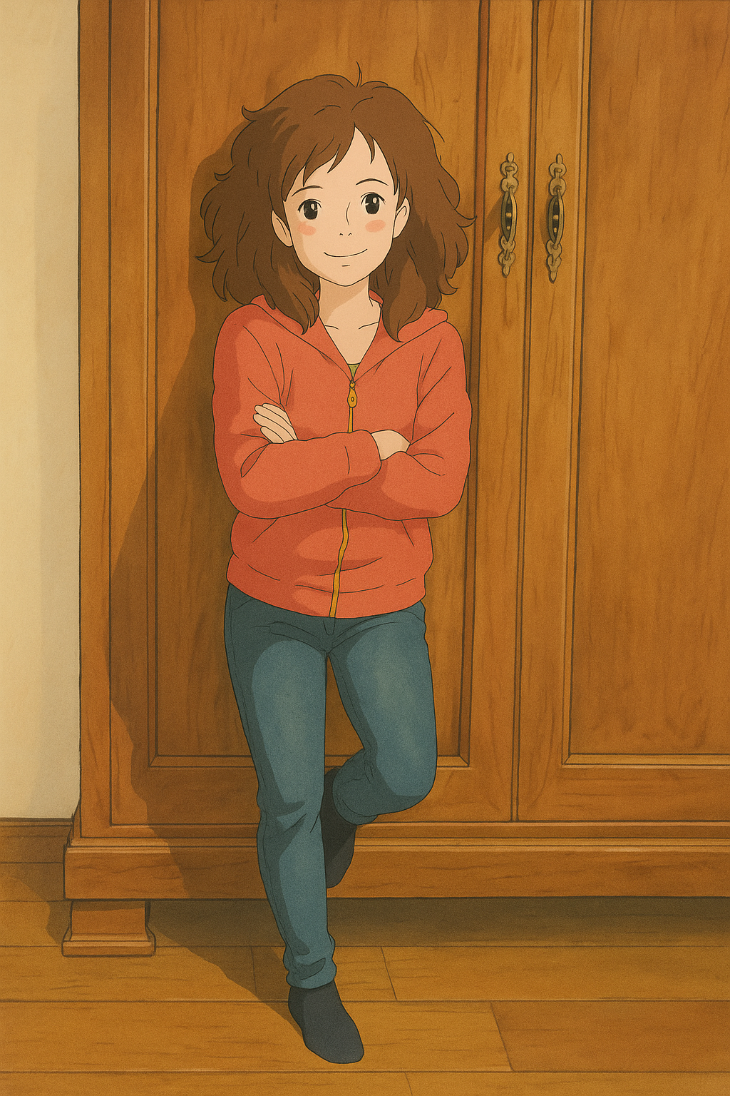 Pourriez-vous, je vous prie, transformer cette image en style Ghibli ? 
 On respectera la couleur des yeux qui est NOISETTE clairs s'il vous plait. 