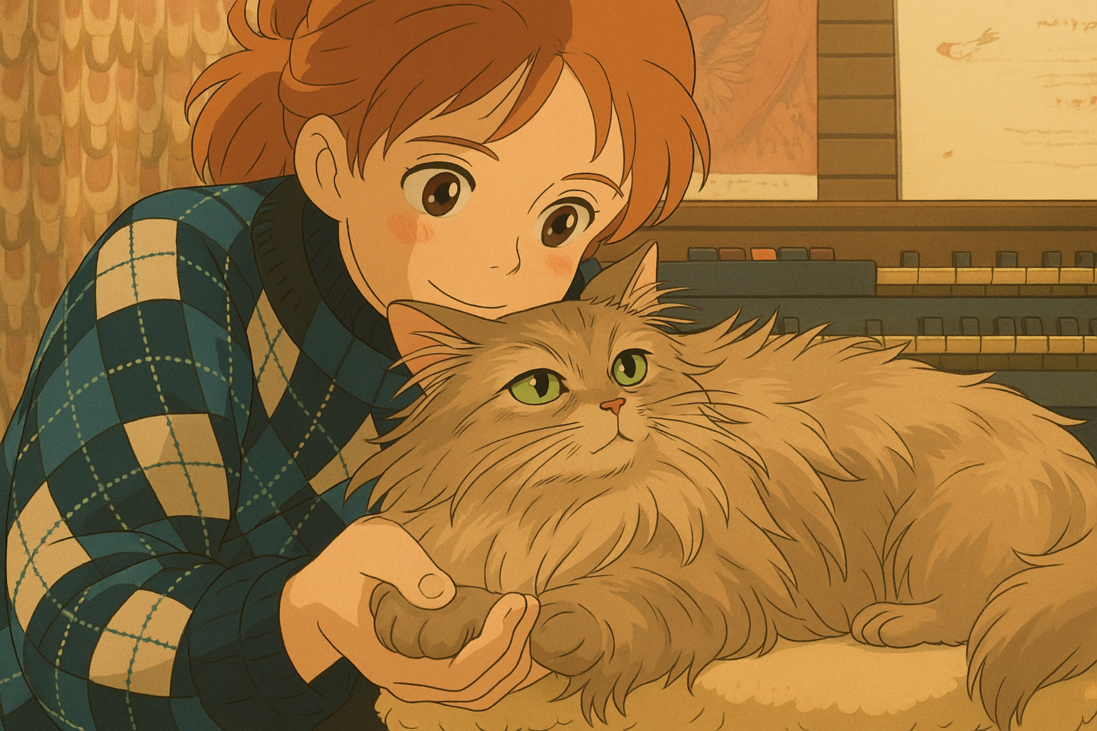 Pourriez-vous, je vous prie, transformer cette image en style Ghibli ? 
 On respectera la couleur des yeux qui est NOISETTE clairs s'il vous plait. 