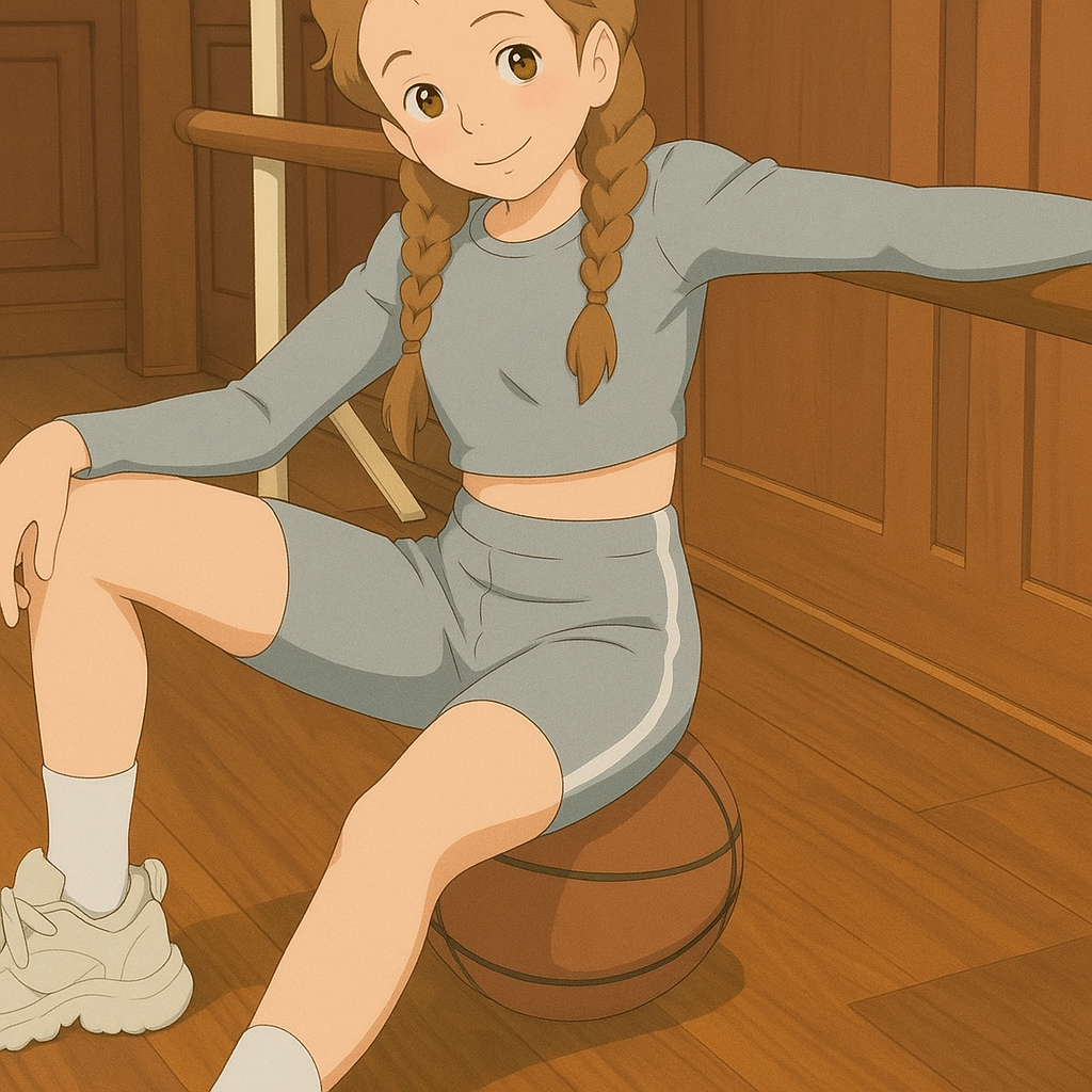 Pourriez-vous, je vous prie, transformer cette image en style Ghibli ? On respectera la couleur des yeux qui est NOISETTE clairs s'il vous plait et on restituera parfaitement le short cycliste court moulant gris à texture mate. 
 D'avance, merci beaucoup.