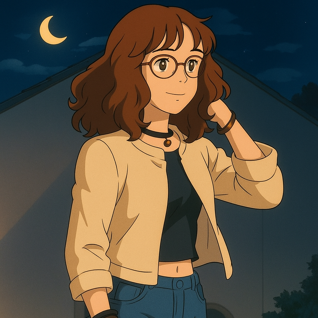 Pourriez-vous, je vous prie, transformer cette image en style Ghibli ? 
On respectera la couleur des yeux noisette clairs de la fille et on n'oubliera pas ses lunettes, s'il vous plaît. 
D'avance, merci beaucoup.