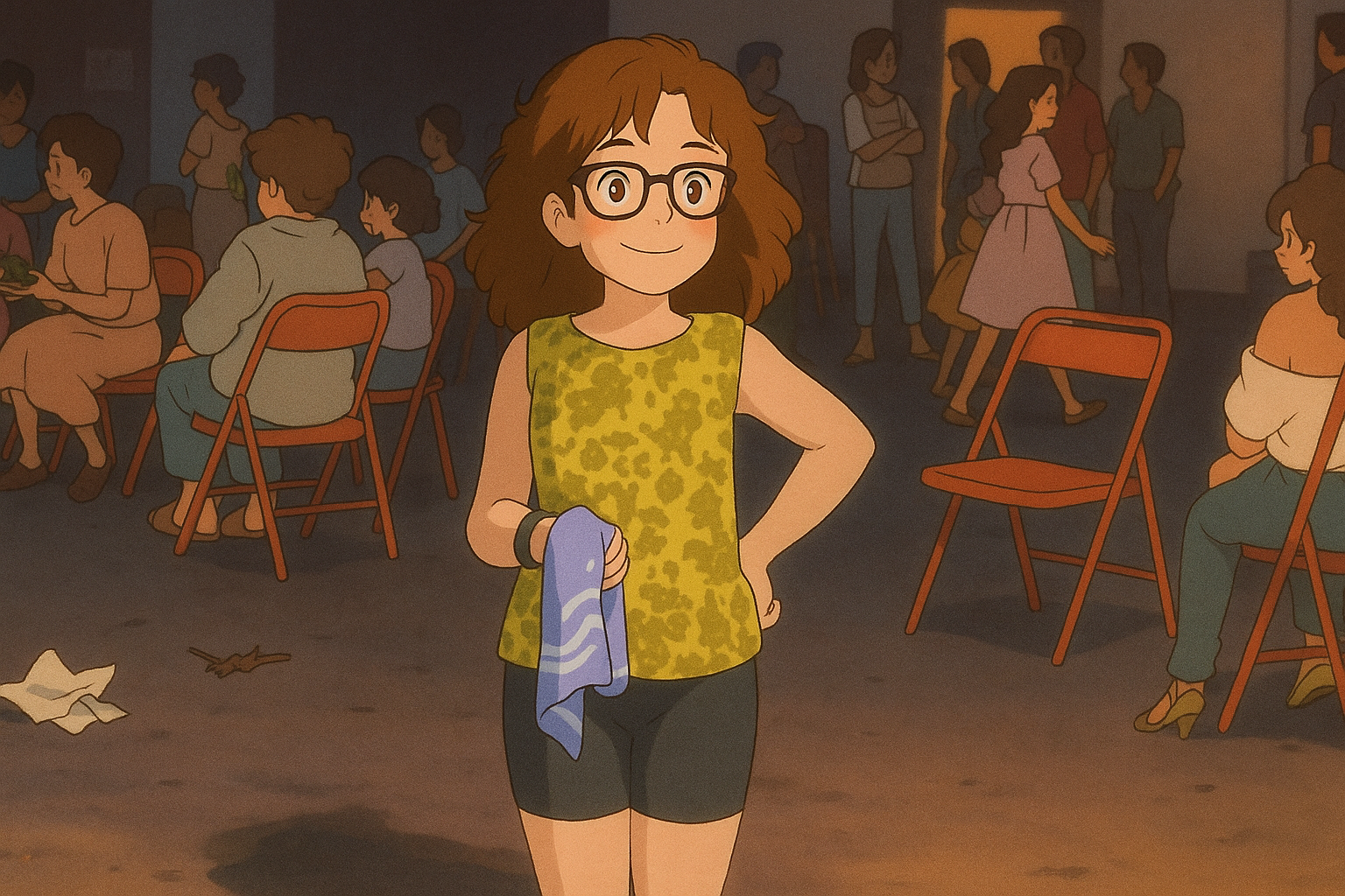 Pourriez-vous, je vous prie, transformer cette image en style Ghibli ? 
On respectera la couleur des yeux qui est NOISETTE clairs s'il vous plait et on restituera parfaitement le short cycliste court moulant noir à texture mate. 
D'avance, merci beaucoup.
