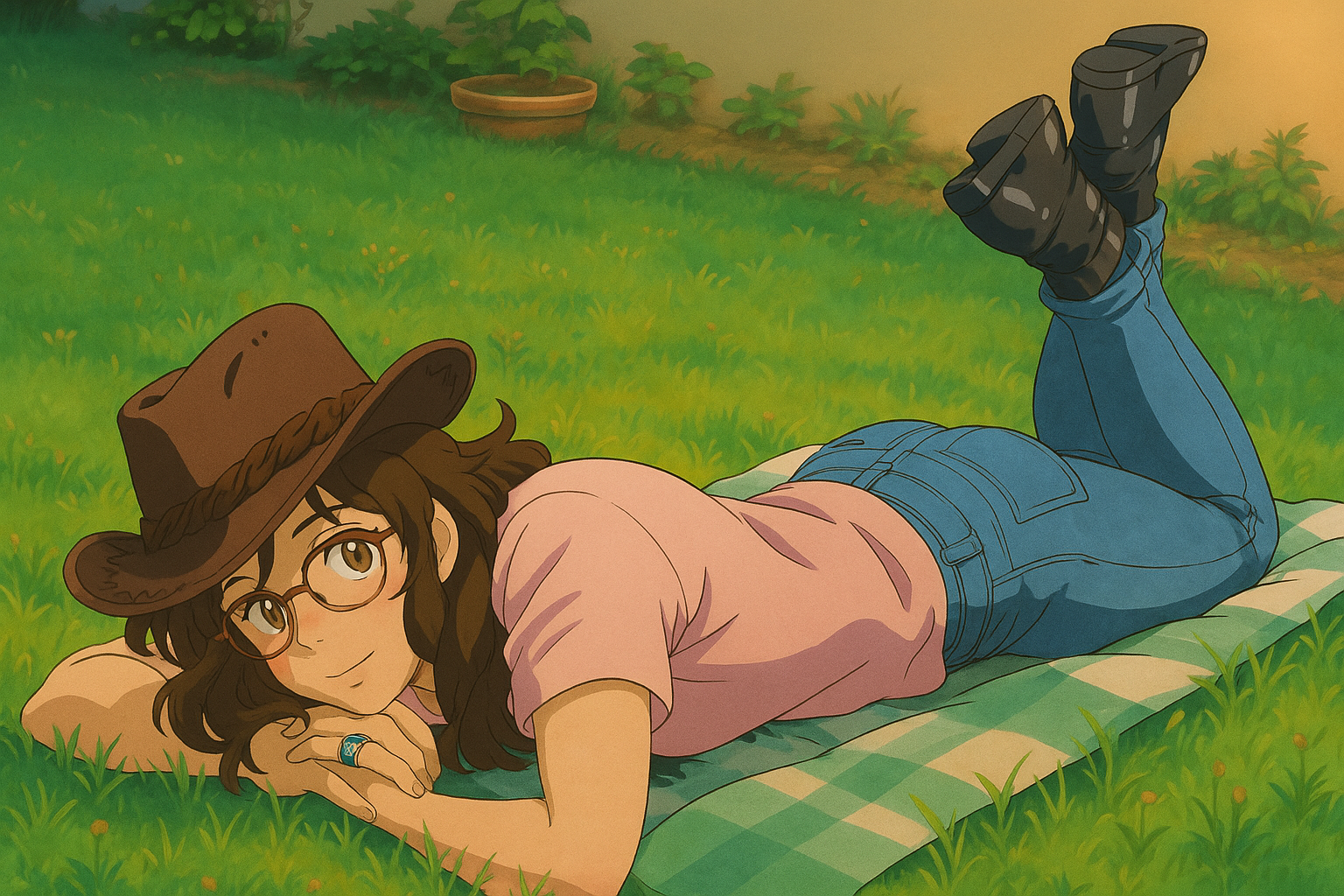 Pourriez-vous, je vous prie, transformer cette image en style Ghbli ?
On respectera:
- La tenue vestimentaire de cette femme au détail près:
La même t-shirt, les mêmes lunettes de vue, le même chapeau texan et le même jean moulant.
On insistera sur le fait de bien restituer l'effet moulant du jean.
- Les détails physiques:
-> même coupe de cheveux longue, ondulée et châtain, et les mêmes yeux NOISETTE clairs.
On respectera aussi la position corporelle.
D'avance, merci beaucoup.
