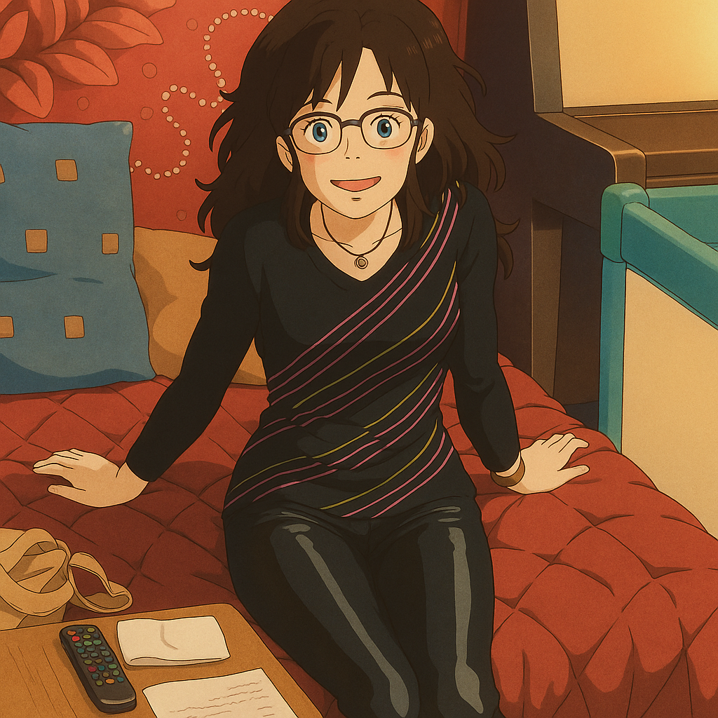 Pourriez-vous, je vous prie, transformer cette image en style Ghibli ?
On respectera:
- La tenue vestimentaire de cette femme au détail près: les mêmes lunettes de vue, le même haut rayé à manches longues, et le même pantalon ultra moulant noir en sky (avec effet brillant).
- Les détails physiques: même coupe de cheveux longue, ondulée et brune.
On respectera fidèlement aussi la position corporelle ainsi que l'effet ultra moulant du pantalon en sky.
D'avance, merci beaucoup.