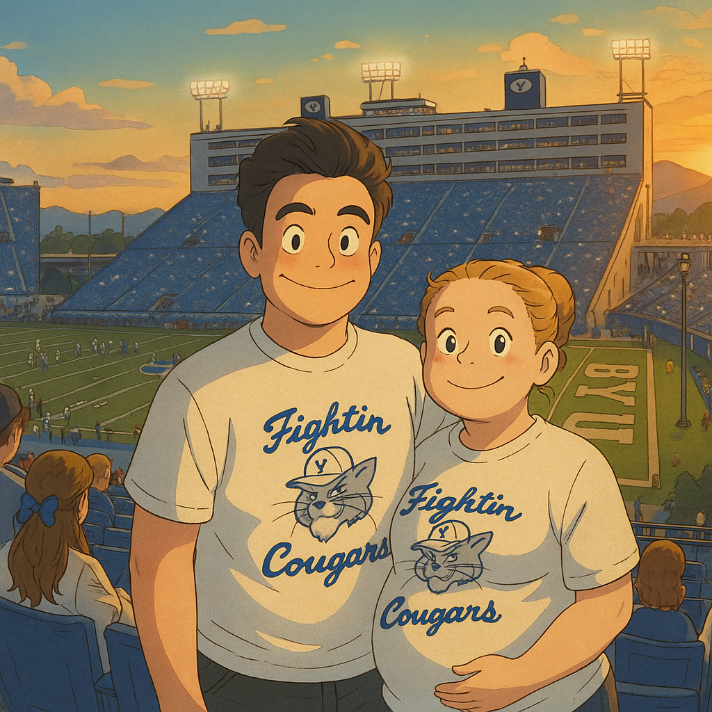 Turn this image into Ghibli style. Make sure to keep the background which is the BYU football Stadium in Provo, UT. Our shirts say “Fighting Cougars”. Please show that my wife has a baby bump.