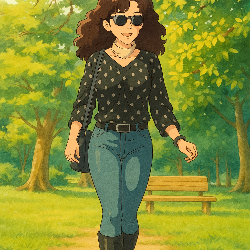 Pourriez-vous, je vous prie, transformer cette image en style Ghbli ?
On respectera:
- La tenue vestimentaire de cette femme au détail près:
Le même haut noir à points blancs, les mêmes lunettes de soleil et le même jean ultra moulant.
On insistera sur le fait de bien restituer l'effet ultra moulant du jean.
- Les détails physiques:
-> même coupe de cheveux longue, ondulée et châtain.
On respectera aussi la position corporelle.
D'avance, merci beaucoup.