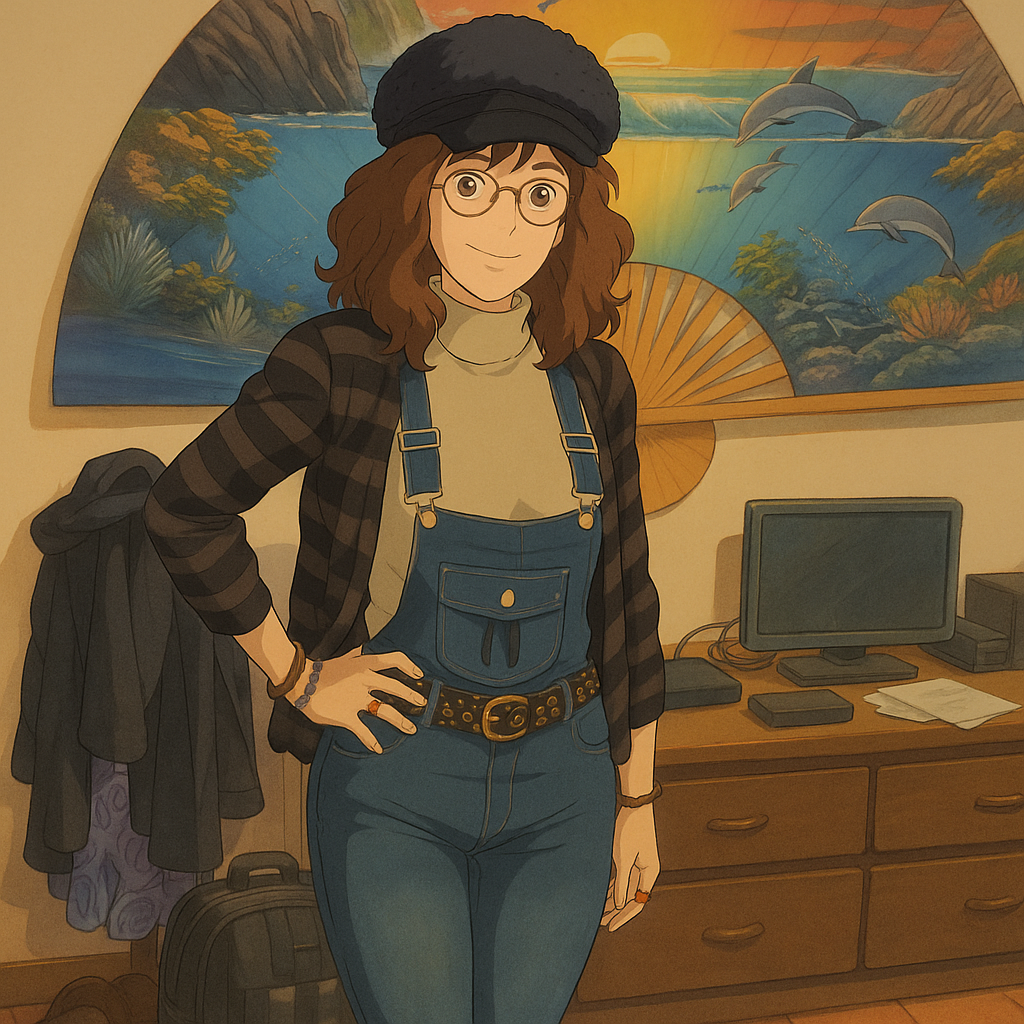 Pourriez-vous, je vous prie, transformer cette image en style Ghibli ?
On respectera:
- La tenue vestimentaire de cette femme au détail près: la même salopette ultra moulante en jean portée par-dessus le même pull beige, le même gilet rayé horizontalement noir et gris, la même casquette noire en laine, les mêmes lunettes de vue.
- Les détails physiques: même coupe de cheveux longue, ondulée et châtain et les mêmes yeux NOISETTE clairs.
On respectera fidèlement aussi la position corporelle ainsi que l'effet ultra moulant de la salopette en jean.
D'avance, merci beaucoup.