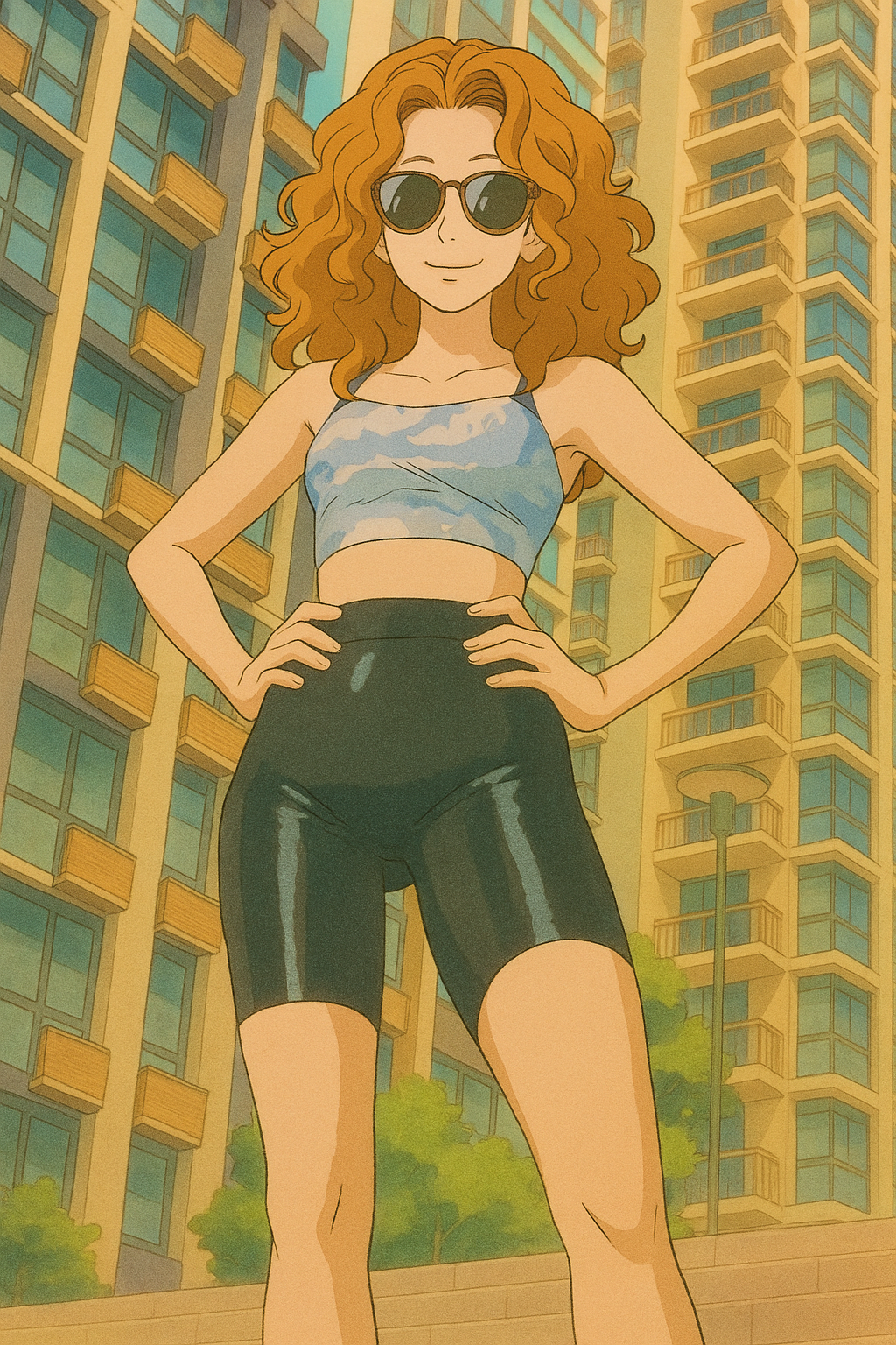 Pourriez-vous, je vous prie, transformer cette image en style Ghibli ? 
Prière de ne pas oublierl es lunettes de soleil et de respecter l'effet brillant du short cycliste moulant noir, s'il vous plaît. 
 D'avance, merci beaucoup.