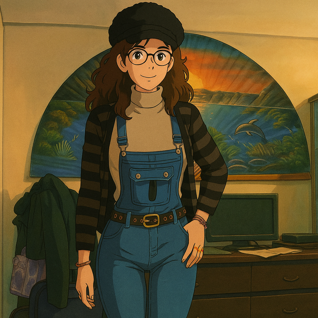 Pourriez-vous, je vous prie, transformer cette image en style Ghibli ?
On respectera:
- La tenue vestimentaire de cette femme au détail près: la même salopette ultra moulante en jean portée par-dessus le même pull beige, le même gilet rayé horizontalement noir et gris, la même casquette noire en laine, les mêmes lunettes de vue.
- Les détails physiques: même coupe de cheveux longue, ondulée et châtain et les mêmes yeux NOISETTE clairs.
On respectera fidèlement aussi la position corporelle ainsi que l'effet ultra moulant de la salopette en jean.
D'avance, merci beaucoup.