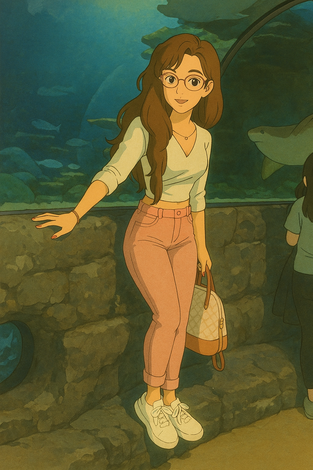 Pourriez-vous, je vous prie, transformer cette image en style Ghibli ? 
 Prière de ne pas oublier de respecter la couleur des yeux noisette clairs de cette filles et de ne pas oublier ses lunettes, s'il vous plaît. 
 D'avance, merci beaucoup.