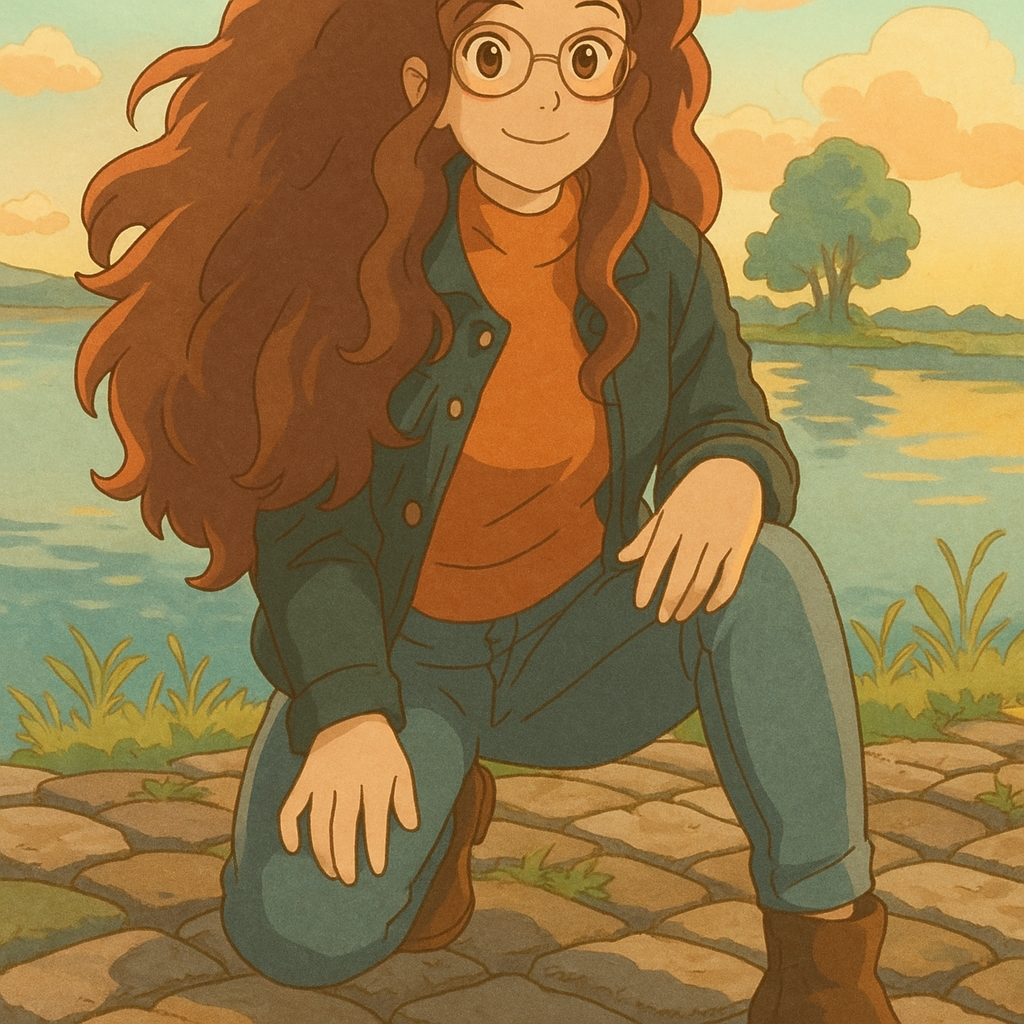 Pourriez-vous, je vous prie, transformer cette image en style Ghibli ? 
On respectera la couleur noisette clairs des yeux de la fille et on n'oubliera pas ses lunettes, s'il vous plaît.
 D'avance, merci beaucoup.