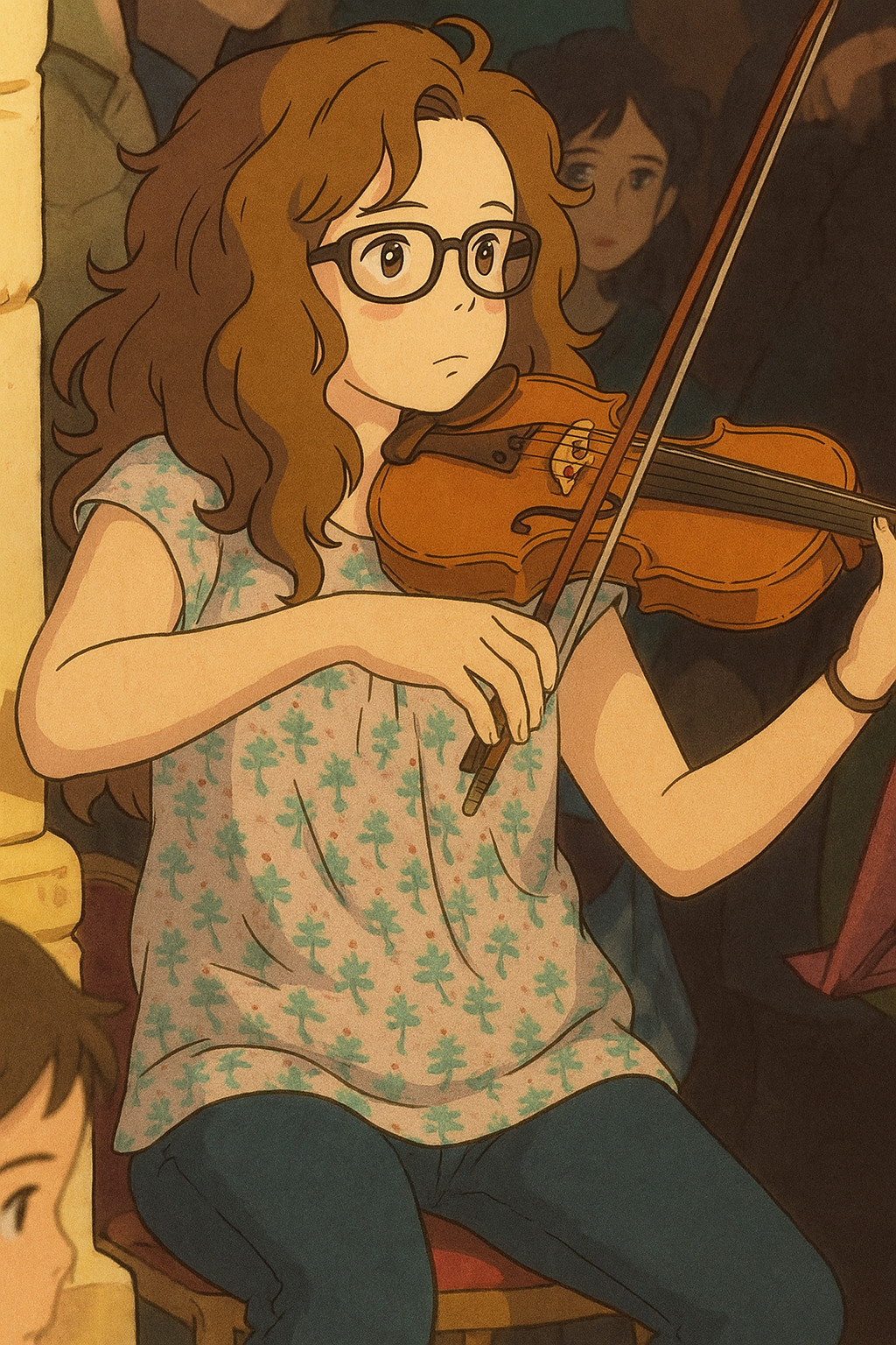Pourriez-vous, je vous prie, transformer cette image en style Ghibli ? 
On respectera la couleur des yeux qui est NOISETTE clairs s'il vous plait. 
D'avance, merci beaucoup.
