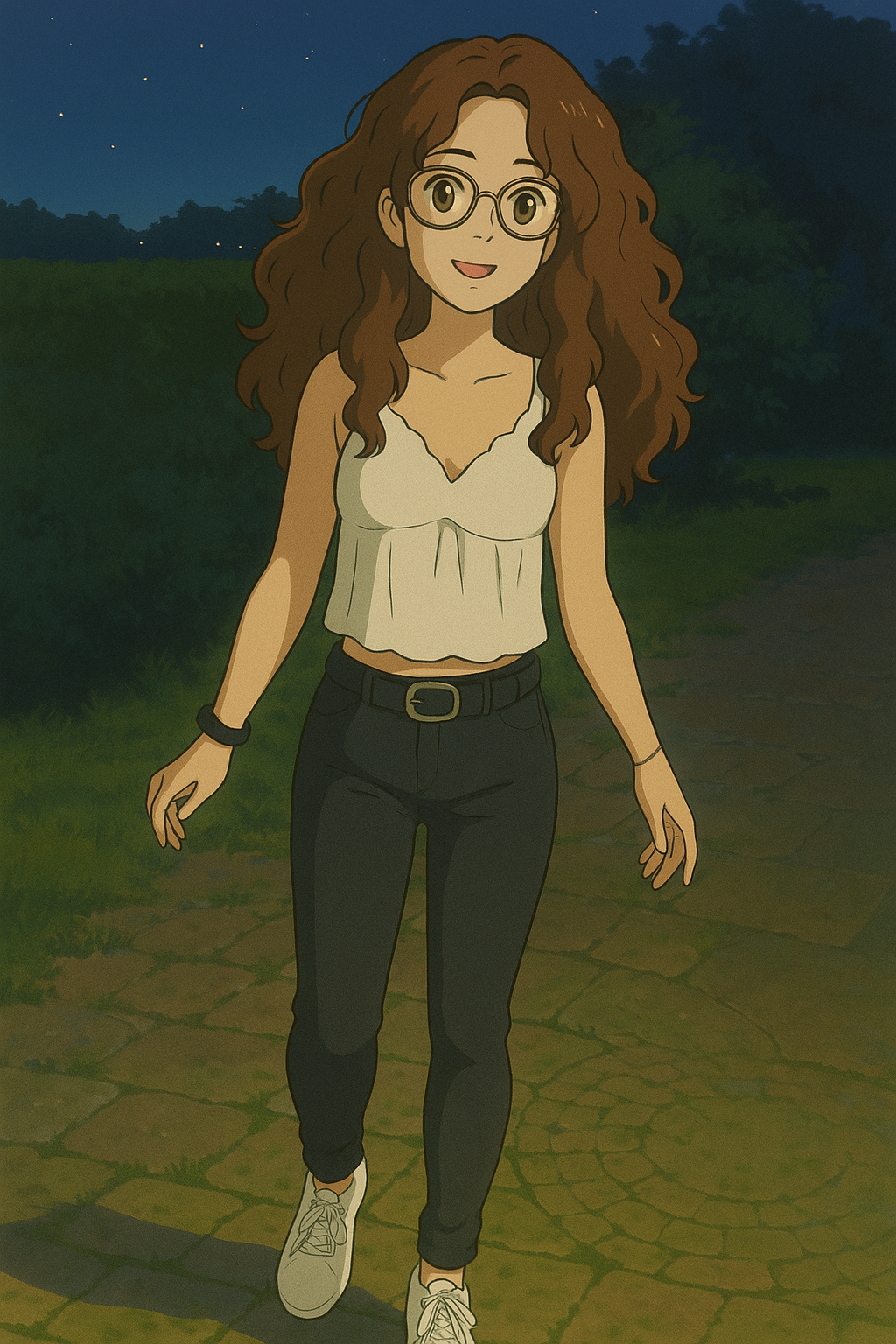 Pourriez-vous, je vous prie, transformer cette image en style Ghibli ? 
On respectera la couleur des yeux noisette clairs de la fille et on n'oubliera pas ses lunettes, s'il vous plaît. 
 D'avance, merci beaucoup.
