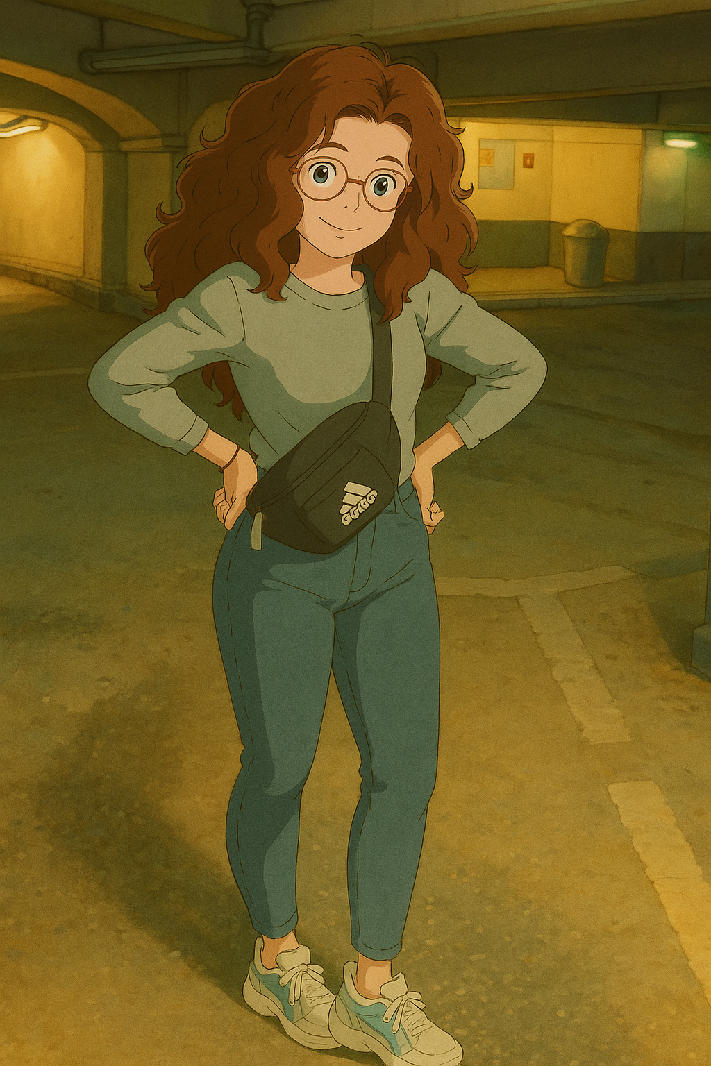 Pourriez-vous, je vous prie, transformer cette image en style Ghibli ? 
On respectera la couleur noisette clairs des yeux de la fille et on n'oubliera pas ses lunettes, s'il vous plaît.
 D'avance, merci beaucoup.