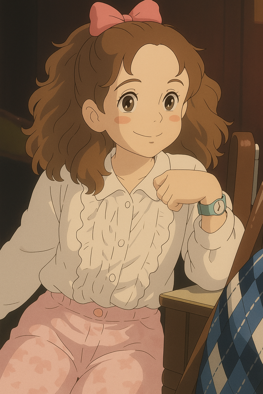 Pourriez-vous, je vous prie, transformer cette image en style Ghibli ? 
 On respectera la couleur des yeux qui est NOISETTE clairs s'il vous plait. 