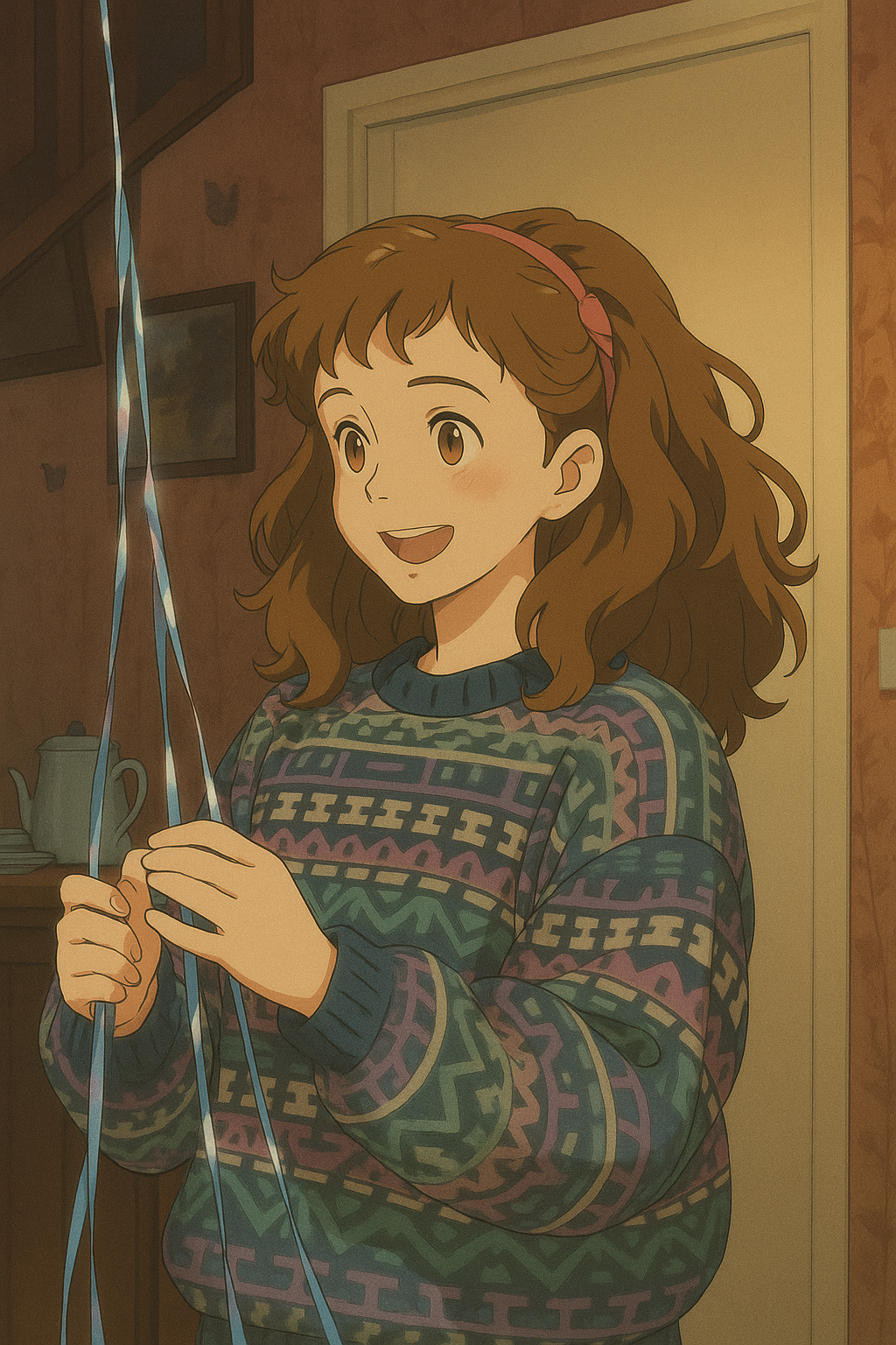 Pourriez-vous, je vous prie, transformer cette image en style Ghibli ? 
 On respectera la couleur des yeux qui est NOISETTE clairs s'il vous plait. 