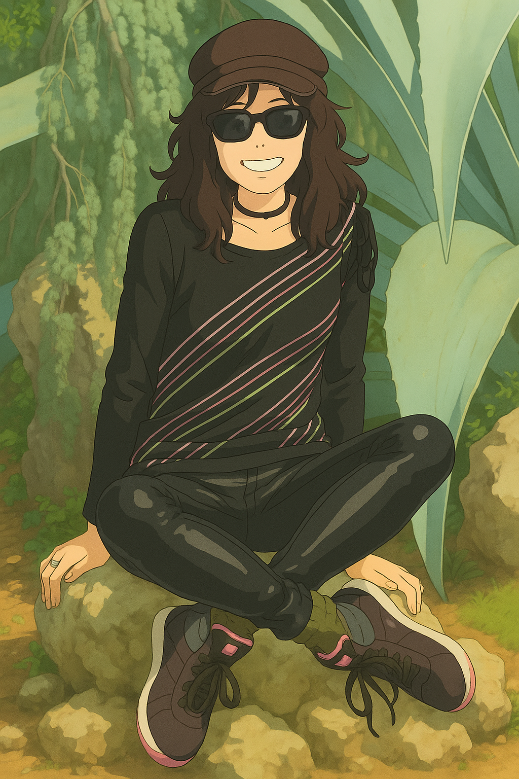 Pourriez-vous, je vous prie, transformer cette image en style Ghibli ?
On respectera:
- La tenue vestimentaire de cette femme au détail près: la même casquette, les mêmes lunettes de soleil, le même haut rayé à manches longues, et le même pantalon ultra moulant noir en sky (avec effet brillant).
- Les détails physiques: même coupe de cheveux longue, ondulée et brune.
On respectera fidèlement aussi la position corporelle ainsi que l'effet ultra moulant du pantalon en sky.
D'avance, merci beaucoup.