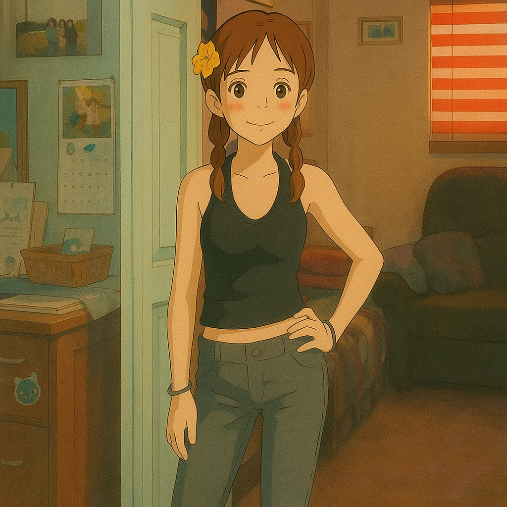 Pourriez-vous, je vous prie, transformer cette image en style Ghibli ? On respectera la couleur des yeux qui est NOISETTE clairs s'il vous plait.