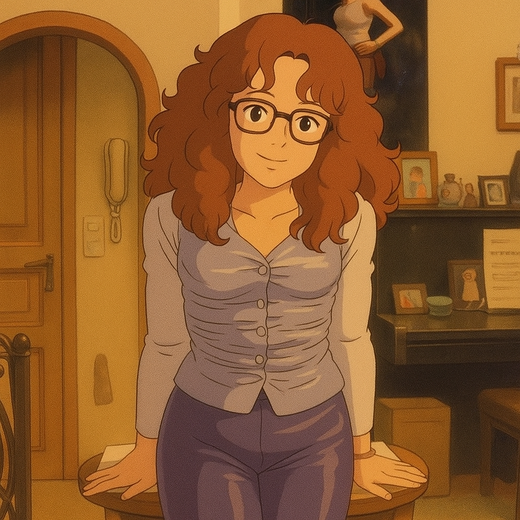 Pourriez-vous, je vous prie, transformer cette image en style Ghbli ?
On respectera:
- La tenue vestimentaire de cette femme au détail près:
Le même gilet gris clair en satin (effet brillant), les mêmes lunettes de vue et le même moulant lavande en satin (effet brillant).
On insistera sur le fait de bien restituer l'aspect moulant du pantalon.
- Les détails physiques:
-> même coupe de cheveux longue, ondulée et châtain, et les mêmes yeux NOISETTE clairs.
On respectera aussi la position corporelle.
D'avance, merci beaucoup.