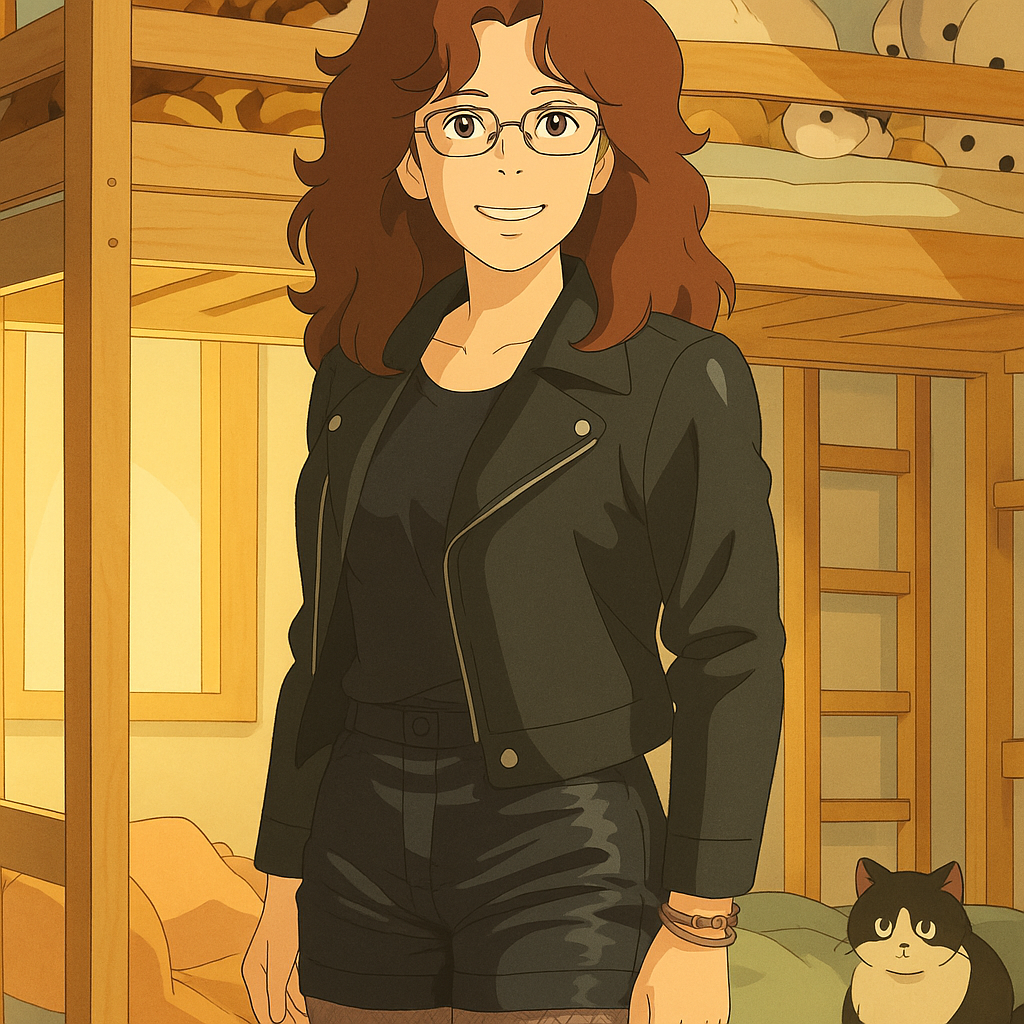Pourriez-vous, je vous prie, transformer cette image en style Ghbli ?
On respectera:
- La tenue vestimentaire de cette femme au détail près:
La même veste en cuir noir portée sur le même débardeur noir, les mêmes lunettes de vue et le même short moulant noir en satin porté sur le même collant résille.
On insistera sur le fait de bien restituer l'effet moulant du short en satin.
- Les détails physiques:
-> même coupe de cheveux longue, ondulée et châtain, et les mêmes yeux NOISETTE clairs.
On respectera aussi la position corporelle.
D'avance, merci beaucoup.