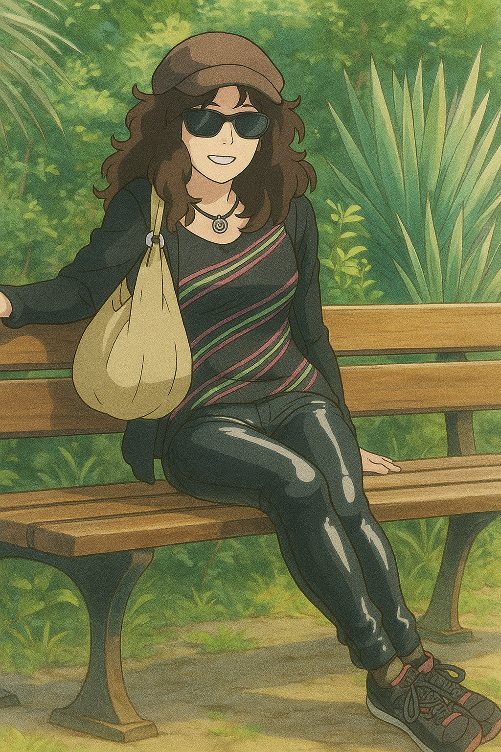 Pourriez-vous, je vous prie, transformer cette image en style Ghibli ?
On respectera:
- La tenue vestimentaire de cette femme au détail près: la même casquette, les mêmes lunettes de soleil, le même haut rayé à manches longues, et le même pantalon ultra moulant noir en sky (avec effet brillant).
- Les détails physiques: même coupe de cheveux longue, ondulée et brune.
On respectera fidèlement aussi la position corporelle ainsi que l'effet ultra moulant du pantalon en sky.
D'avance, merci beaucoup.