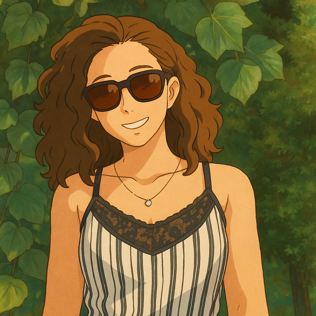 Pourriez-vous, je vous prie, transformer cette image en style Ghibli ? 
 Prière de ne pas oublier les lunettes de soleil, s'il vous plaît. 
 D'avance, merci beaucoup.