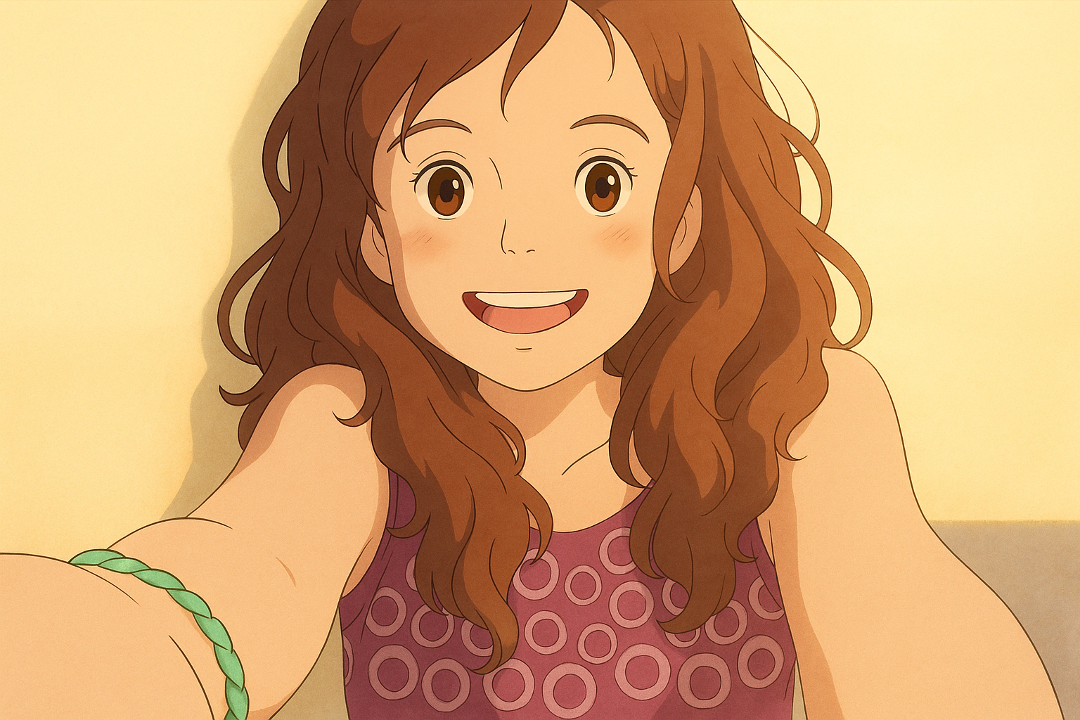 Pourriez-vous, je vous prie, transformer cette image en style Ghibli ? On respectera la couleur des yeux qui est NOISETTE clairs s'il vous plait.