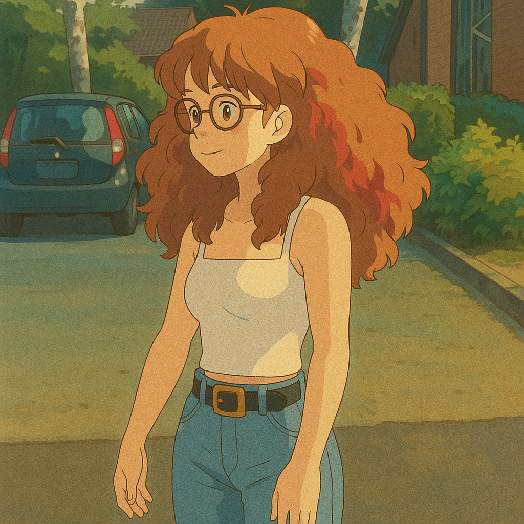 Pourriez-vous, je vous prie, transformer cette image en style Ghibli ? 
Prière de respecter la couleur des yeux de la fille qui sont Noisette clairs. Et prière de ne pas oublier ses lunettes, s'il vous plaît. 
 D'avance, merci beaucoup.