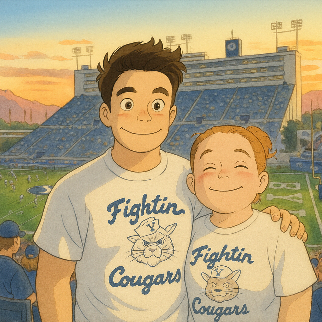Turn this image into Studio Ghibli style. Make sure to keep the background which is the BYU football Stadium in Provo, UT. Our shirts say “Fighting Cougars” can you make this in an aspect ratio I can frame? Maybe 6” X 8”