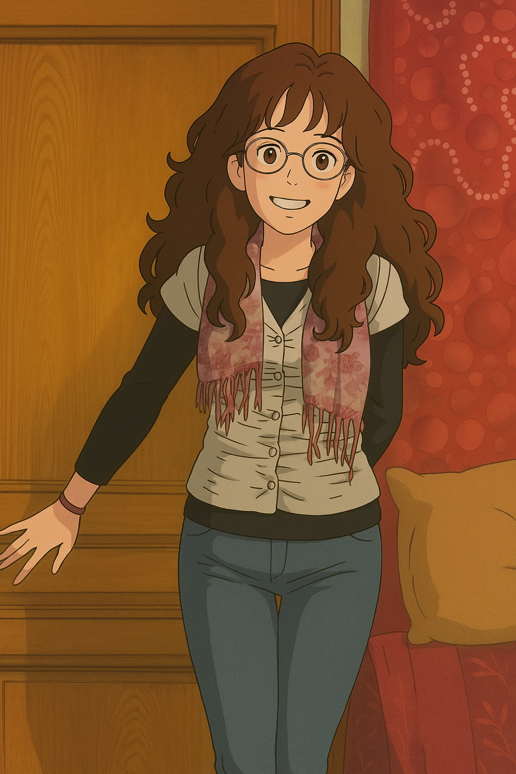 Pourriez-vous, je vous prie, transformer cette image en style Ghbli ?
On respectera:
- La tenue vestimentaire de cette femme au détail près:
Le même gilet gris clair en satin (effet brillant), porté sur un t-shirt noir à manches longues, le même foulard, les mêmes lunettes de vue et le même jean moulant.
- Les détails physiques:
-> même coupe de cheveux longue, ondulée et châtain, et les mêmes yeux NOISETTE clairs.
On respectera aussi la position corporelle.
D'avance, merci beaucoup.