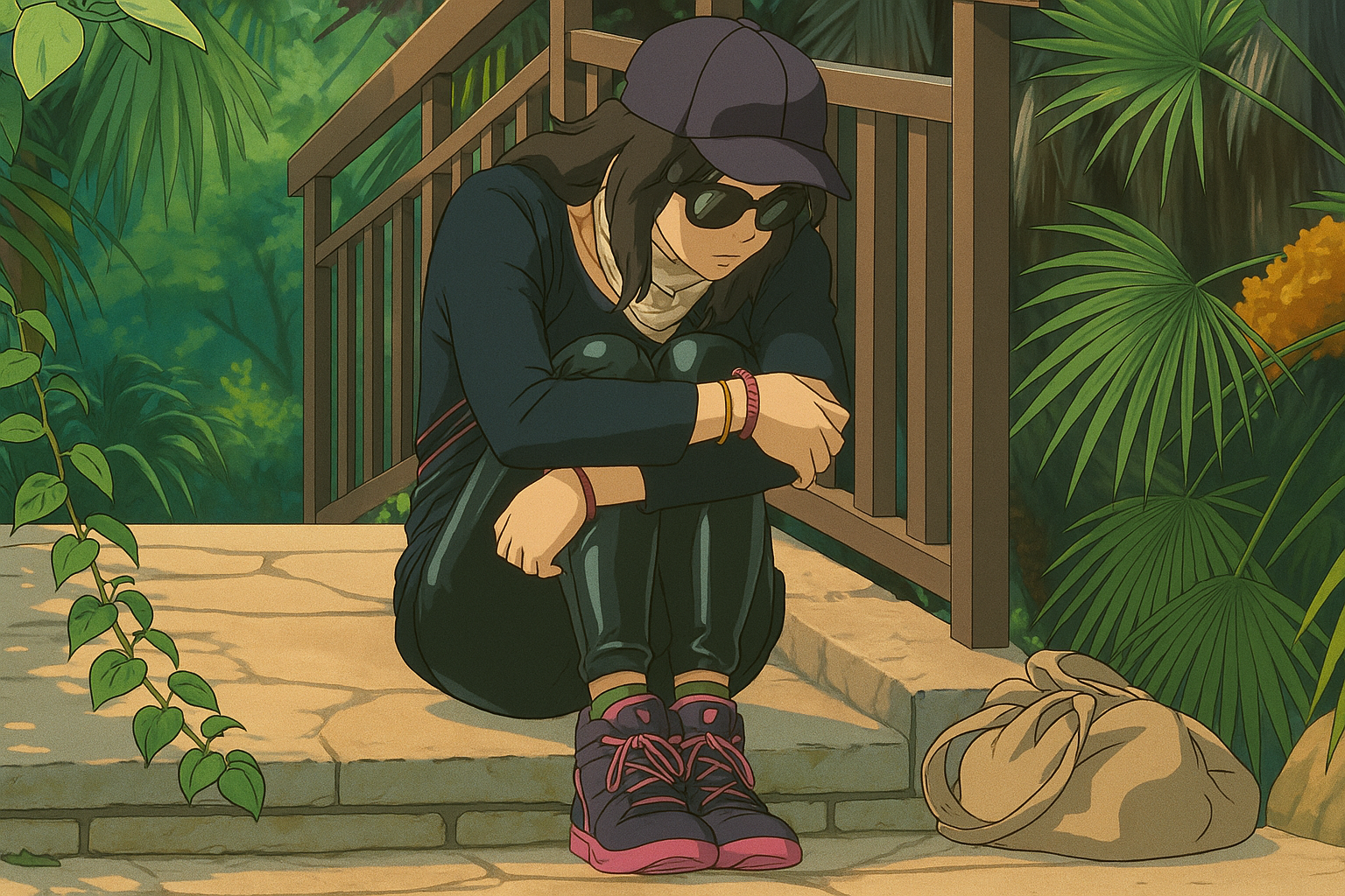 Pourriez-vous, je vous prie, transformer cette image en style Ghibli ?
On respectera:
- La tenue vestimentaire de cette femme au détail près: la même casquette, les mêmes lunettes de soleil, le même haut rayé à manches longues, et le même pantalon ultra moulant noir en sky (avec effet brillant).
- Les détails physiques: même coupe de cheveux longue, ondulée et brune.
On respectera fidèlement aussi la position corporelle ainsi que l'effet ultra moulant du pantalon en sky.
D'avance, merci beaucoup.