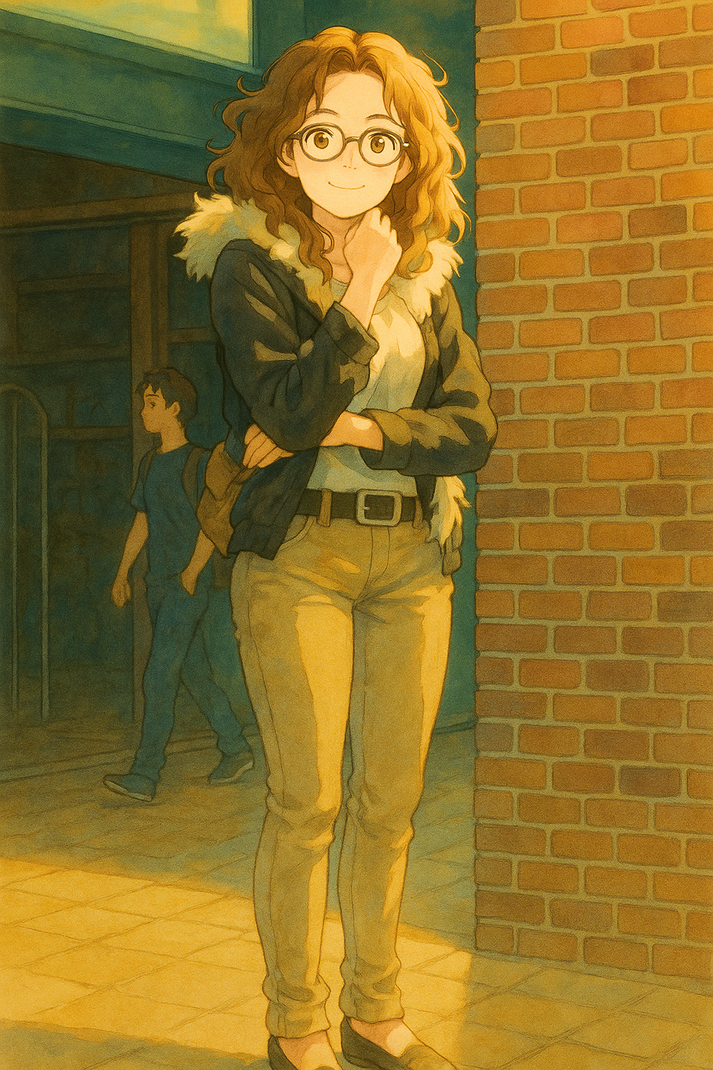 Pourriez-vous, je vous prie, transformer cette image en style Ghibli ? 
Prière de respecter la couleur des yeux de la fille qui sont Noisette clairs. Et prière de ne pas oublier ses lunettes, s'il vous plaît. 
 D'avance, merci beaucoup.