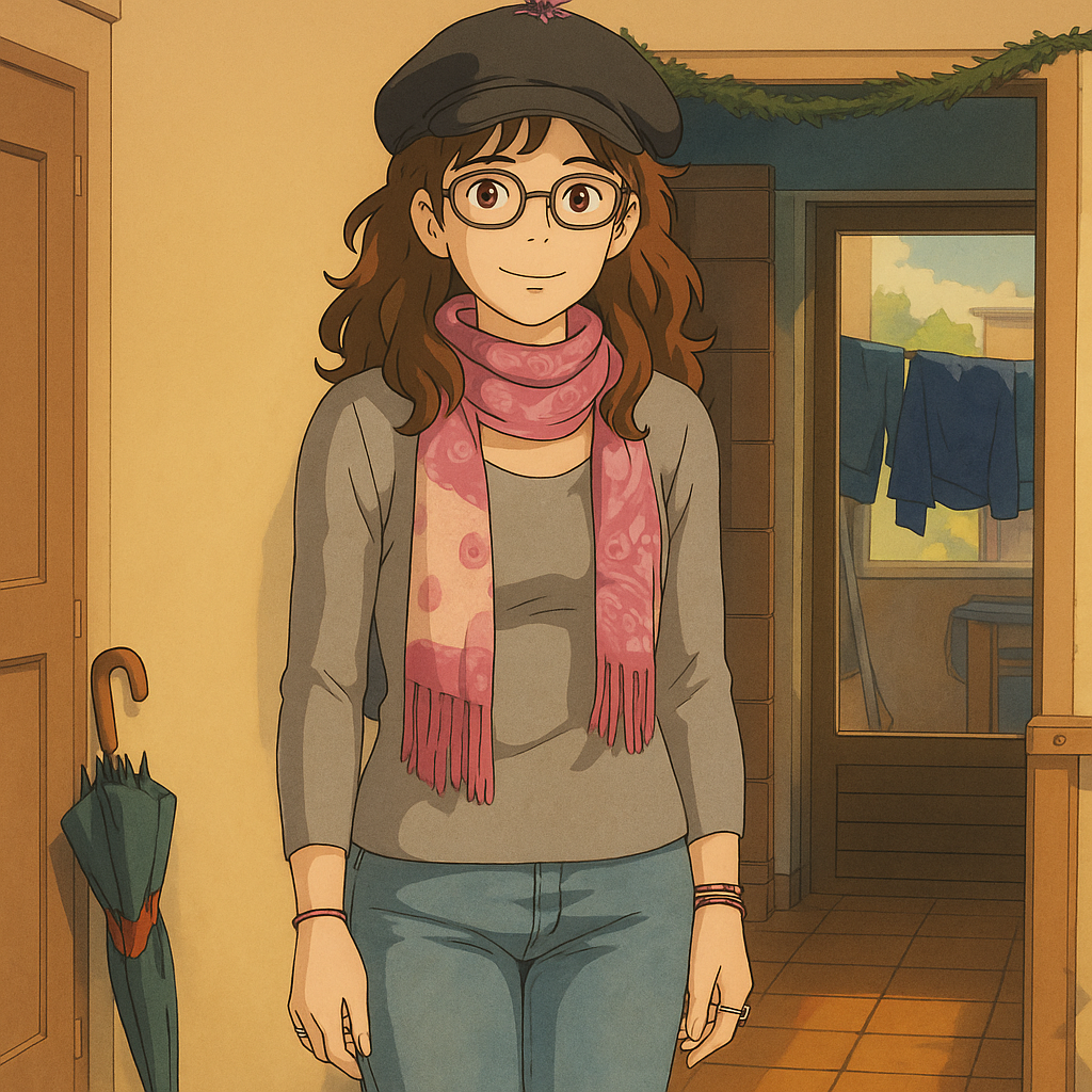 Pourriez-vous, je vous prie, transformer cette image en style Ghibli ? 
On respectera: 
- La tenue vestimentaire de cette femme au détail près: le même t-shirt gris à manches longues, le même foulard, les mêmes lunettes de vue, le même jean moulant. 
 - Les détails physiques: même coupe de cheveux longue, ondulée et châtain et les mêmes yeux NOISETTE clairs. 
 On respectera fidèlement aussi la position corporelle ainsi que l'effet moulant du jean. 
 D'avance, merci beaucoup.