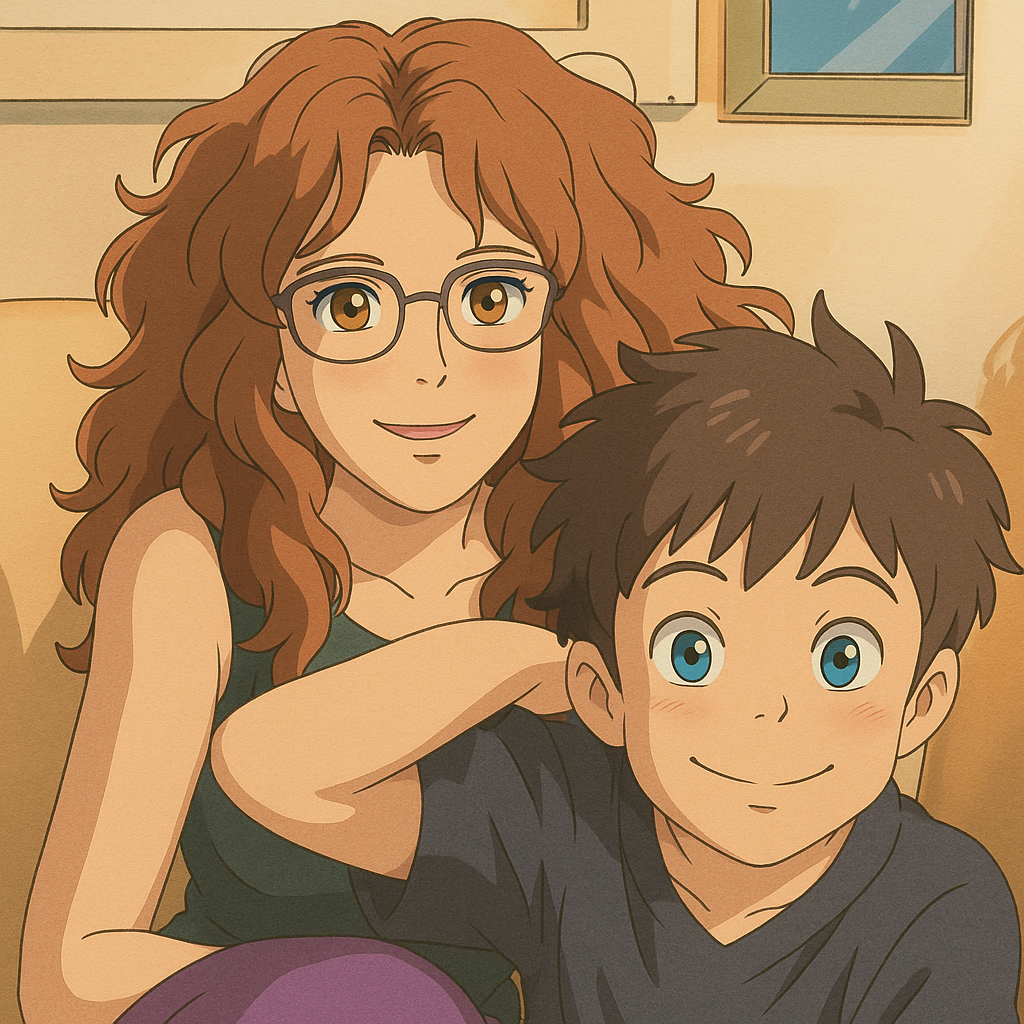 Pourriez-vous, je vous prie, transformer cette image en style Ghibli ? 
Prière de respecter la couleur des yeux de la fille qui sont Noisette clairs. Et prière de ne pas oublier ses lunettes, s'il vous plaît. 
 Les yeux du garçon sont bleus.
 D'avance, merci beaucoup.