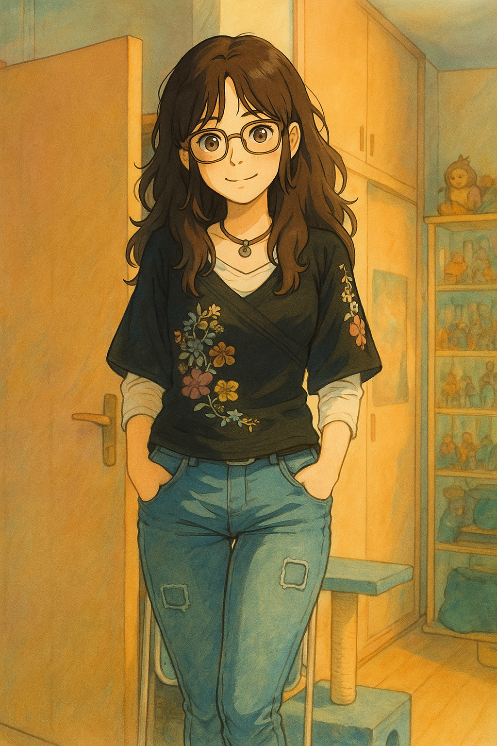 Pourriez-vous, je vous prie, transformer cette image en style Ghbli ?
On respectera:
- La tenue vestimentaire de cette femme au détail près:
Le même haut noir porté sur un t-shirt blanc à manches longues, les mêmes lunettes de vue et le même jean moulant.
On insistera sur le fait de bien restituer l'effet moulant du jean.
- Les détails physiques:
-> même coupe de cheveux longue, ondulée et châtain et les yeux NOISETTE clairs.
On respectera aussi la position corporelle.
D'avance, merci beaucoup.