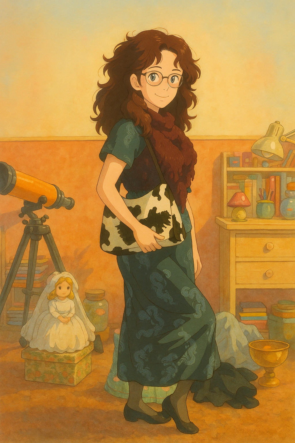 Pourriez-vous, je vous prie, transformer cette image en style Ghibli ? 
Prière de respecter la couleur noisette clairs des yeux et de ne pas oublier les lunettes, s'il vous plaît. 
 D'avance, merci beaucoup.