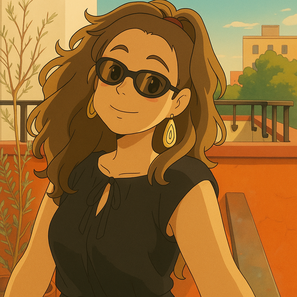 Pourriez-vous, je vous prie, transformer cette image en style Ghibli ? 
 Prière de ne pas oublier de respecter la couleur des yeux noisette clairs de cette filles et de ne pas oublier ses lunettes, s'il vous plaît. 
 D'avance, merci beaucoup.