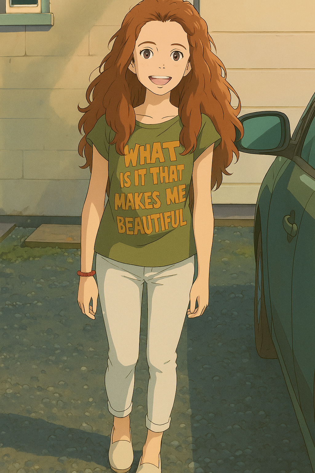 Pourriez-vous, je vous prie, transformer cette image en style Ghibli ? On respectera la couleur des yeux qui est NOISETTE clairs s'il vous plait.