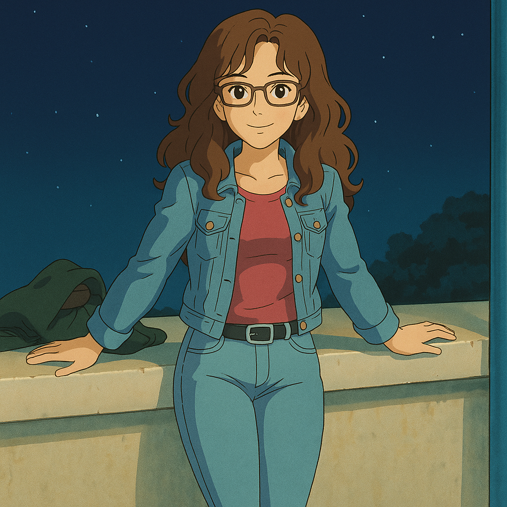 Pourriez-vous, je vous prie, transformer cette image en style Ghbli ?
On respectera:
- La tenue vestimentaire de cette femme au détail près:
La même veste en jean portée par-dessus le même t-shirt rose, les mêmes lunettes de vue et le même jean moulant.
On insistera sur le fait de bien restituer l'effet moulant du jean.
- Les détails physiques:
-> même coupe de cheveux longue, ondulée et châtain, et les mêmes yeux NOISETTE clairs.
On respectera aussi la position corporelle.
D'avance, merci beaucoup.