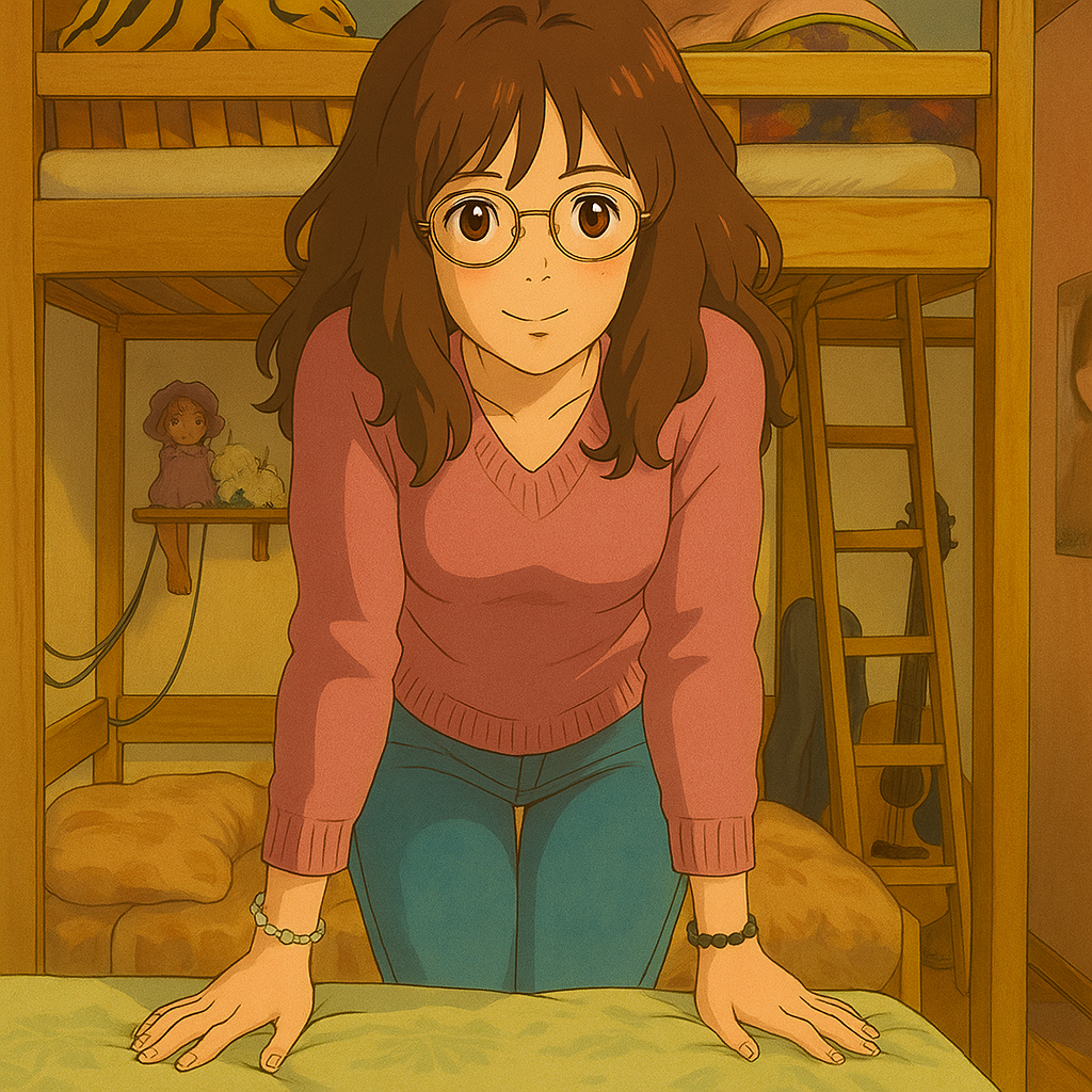 Pourriez-vous, je vous prie, transformer cette image en style Ghbli ?
On respectera:
- La tenue vestimentaire de cette femme au détail près:
Le même pull rose, les mêmes lunettes de vue et le même jean moulant.
On insistera sur le fait de bien restituer l'effet moulant du jean.
- Les détails physiques:
-> même coupe de cheveux longue, ondulée et châtain et les yeux NOISETTE clairs.
On respectera aussi la position corporelle.
D'avance, merci beaucoup.