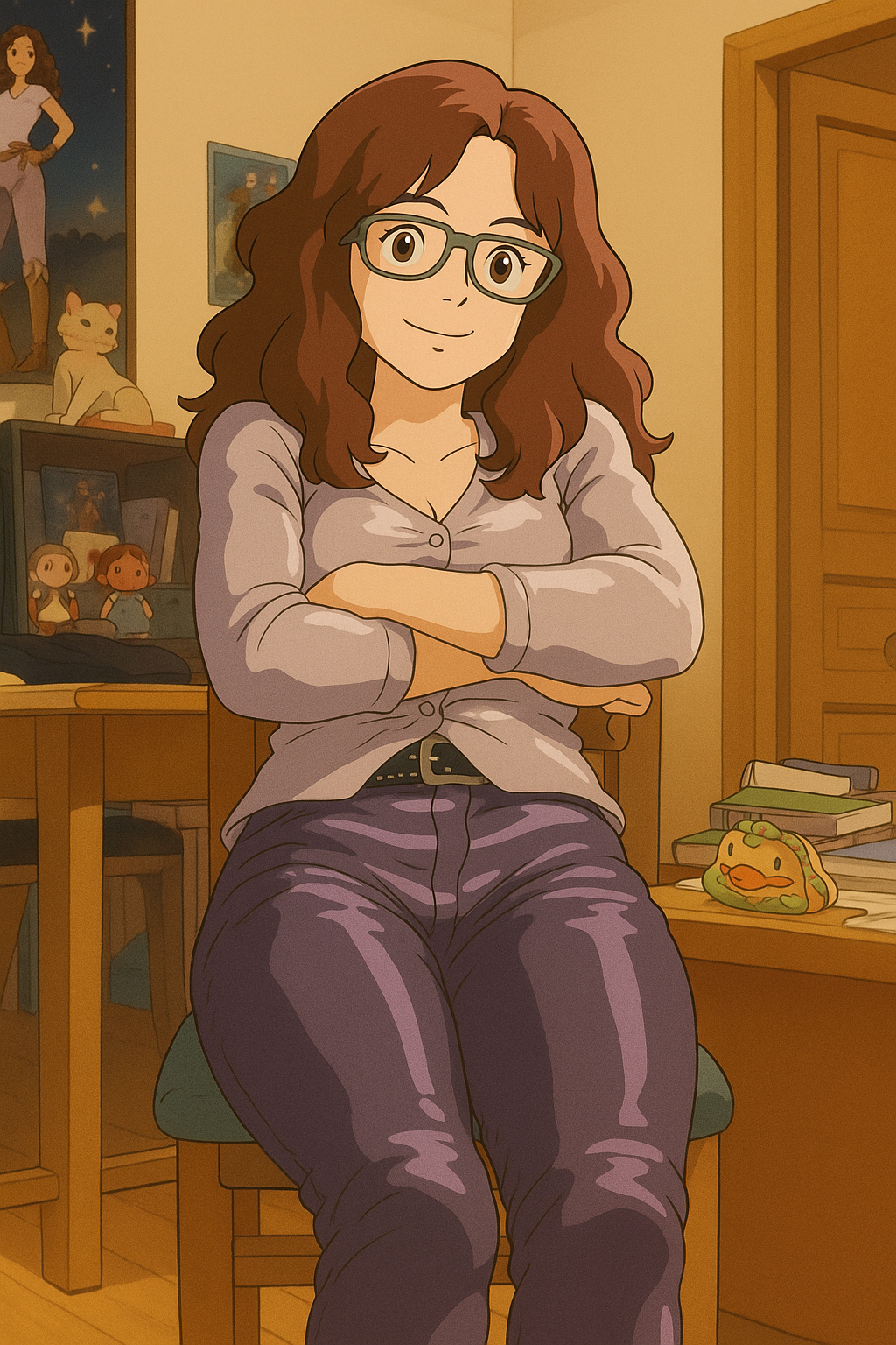 Pourriez-vous, je vous prie, transformer cette image en style Ghbli ?
On respectera:
- La tenue vestimentaire de cette femme au détail près:
Le même gilet gris clair en satin (effet brillant), les mêmes lunettes de vue et le même moulant lavande en satin (effet brillant).
On insistera sur le fait de bien restituer l'aspect moulant du pantalon.
- Les détails physiques:
-> même coupe de cheveux longue, ondulée et châtain, et les mêmes yeux NOISETTE clairs.
On respectera aussi la position corporelle.
D'avance, merci beaucoup.
