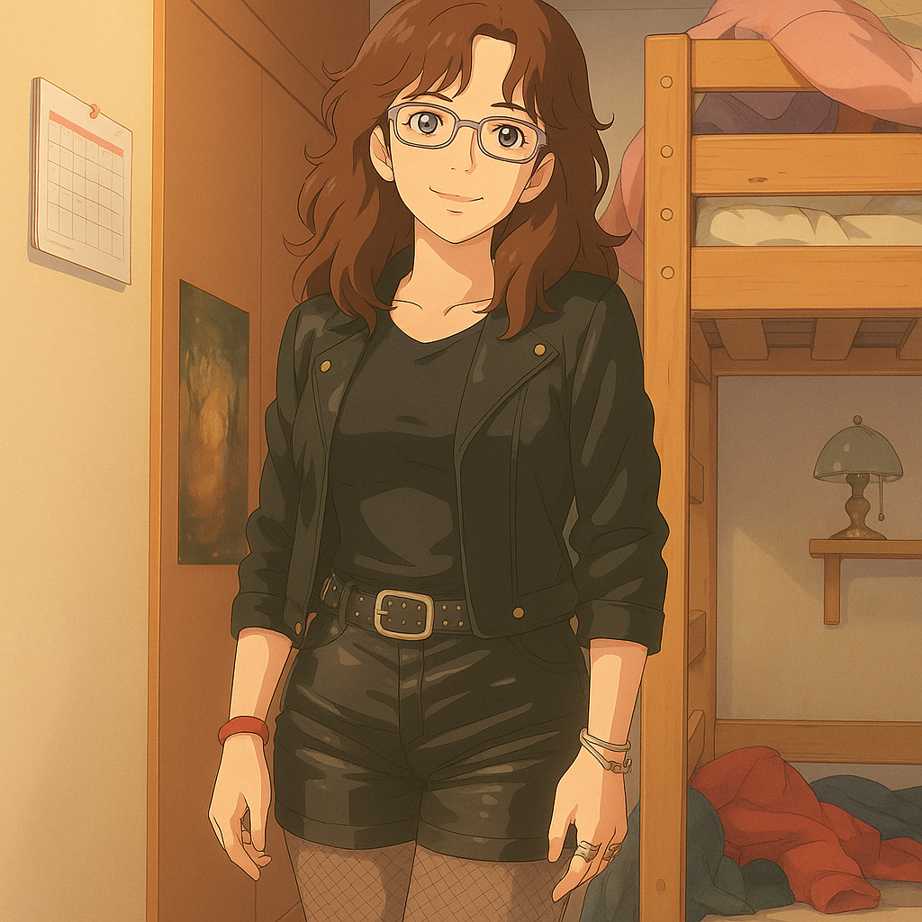 Pourriez-vous, je vous prie, transformer cette image en style Ghbli ?
On respectera:
- La tenue vestimentaire de cette femme au détail près:
La même veste en cuir noir portée sur le même débardeur noir, les mêmes lunettes de vue et le même short moulant noir en satin porté sur le même collant résille.
On insistera sur le fait de bien restituer l'effet moulant du short en satin.
- Les détails physiques:
-> même coupe de cheveux longue, ondulée et châtain, et les mêmes yeux NOISETTE clairs.
On respectera aussi la position corporelle.
D'avance, merci beaucoup.